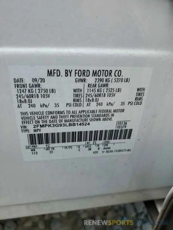 12 fotografías del automóvil dañado 2FMPK3G93LBB14524 FORD EDGE 2020