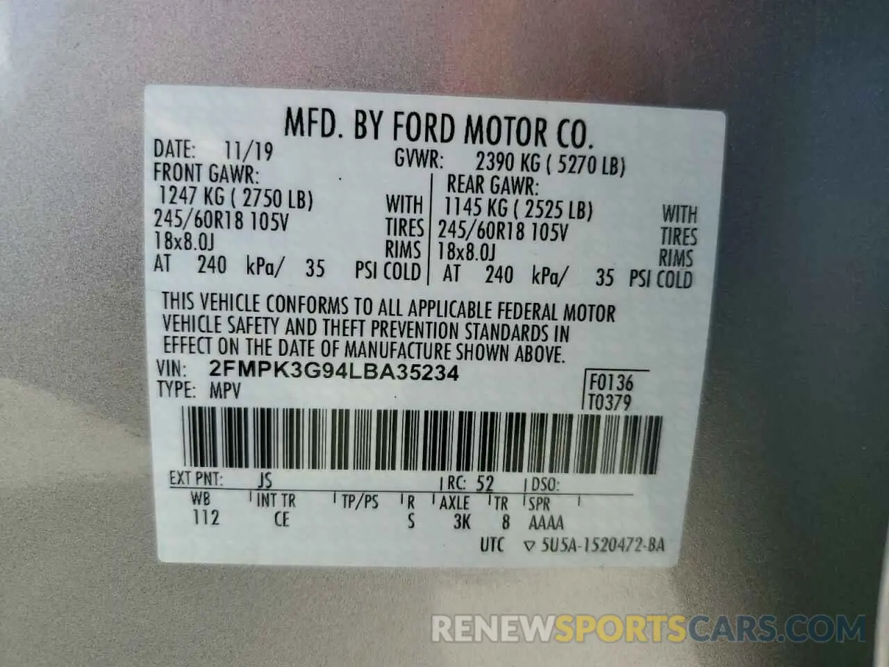 14 fotografías del automóvil dañado 2FMPK3G94LBA35234 FORD EDGE 2020