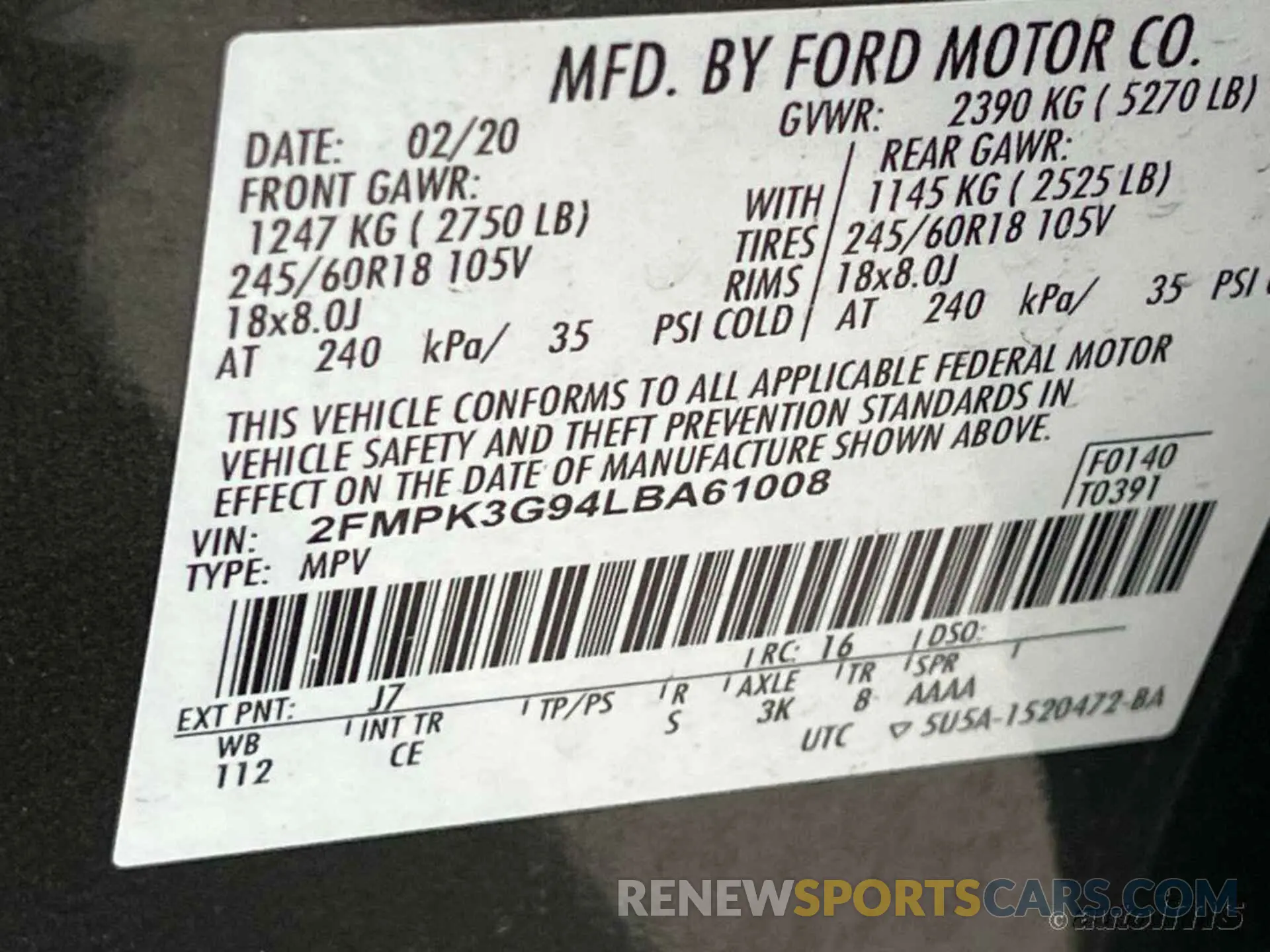9 fotografías del automóvil dañado 2FMPK3G94LBA61008 FORD EDGE 2020