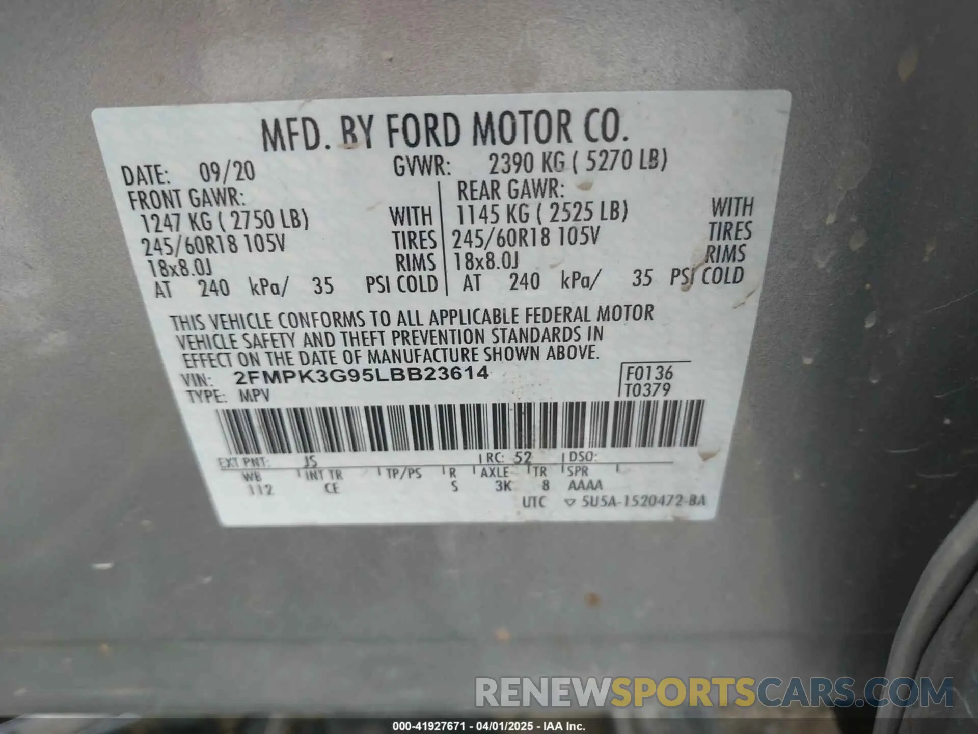 9 fotografías del automóvil dañado 2FMPK3G95LBB23614 FORD EDGE 2020