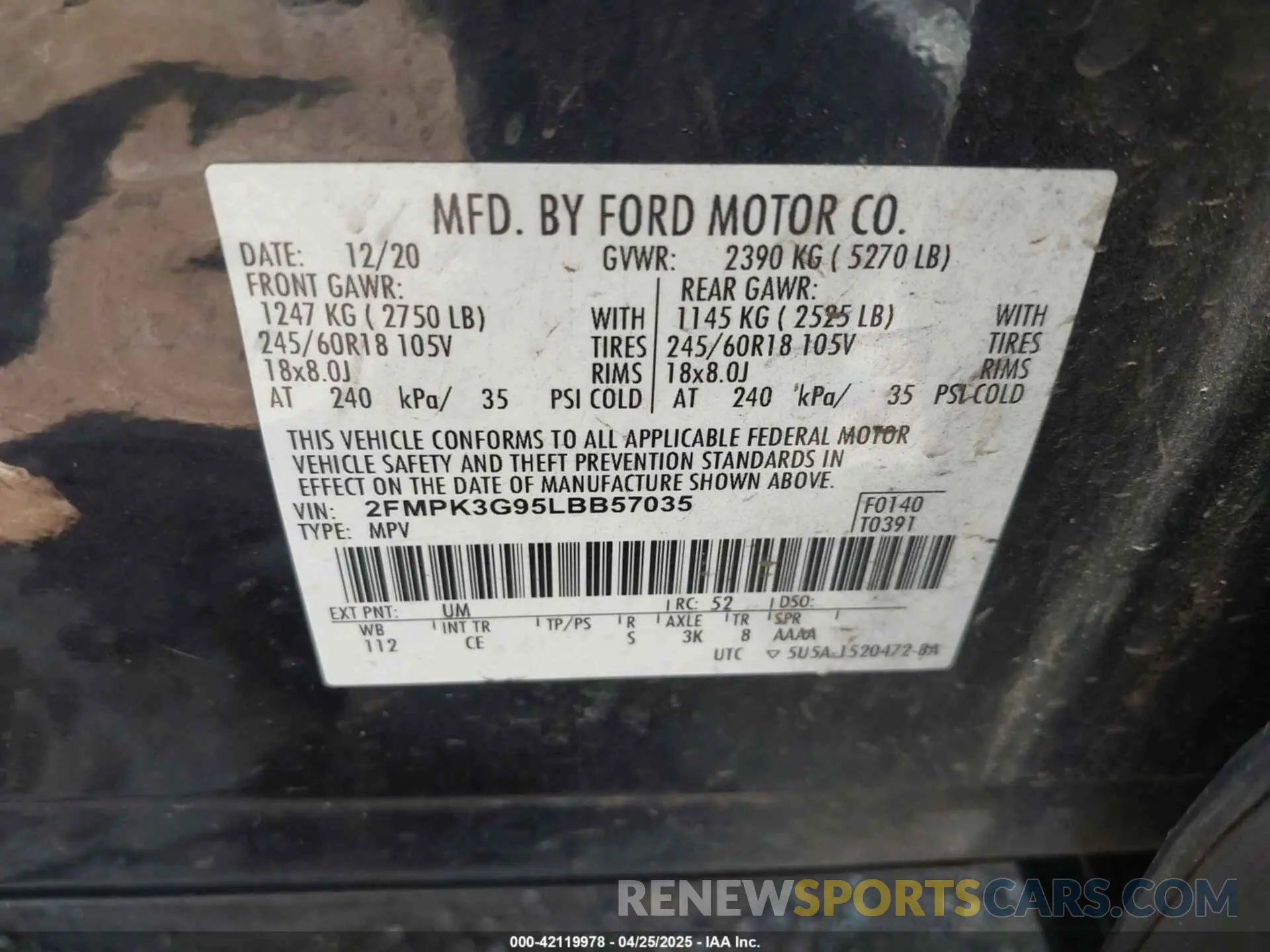 9 fotografías del automóvil dañado 2FMPK3G95LBB57035 FORD EDGE 2020