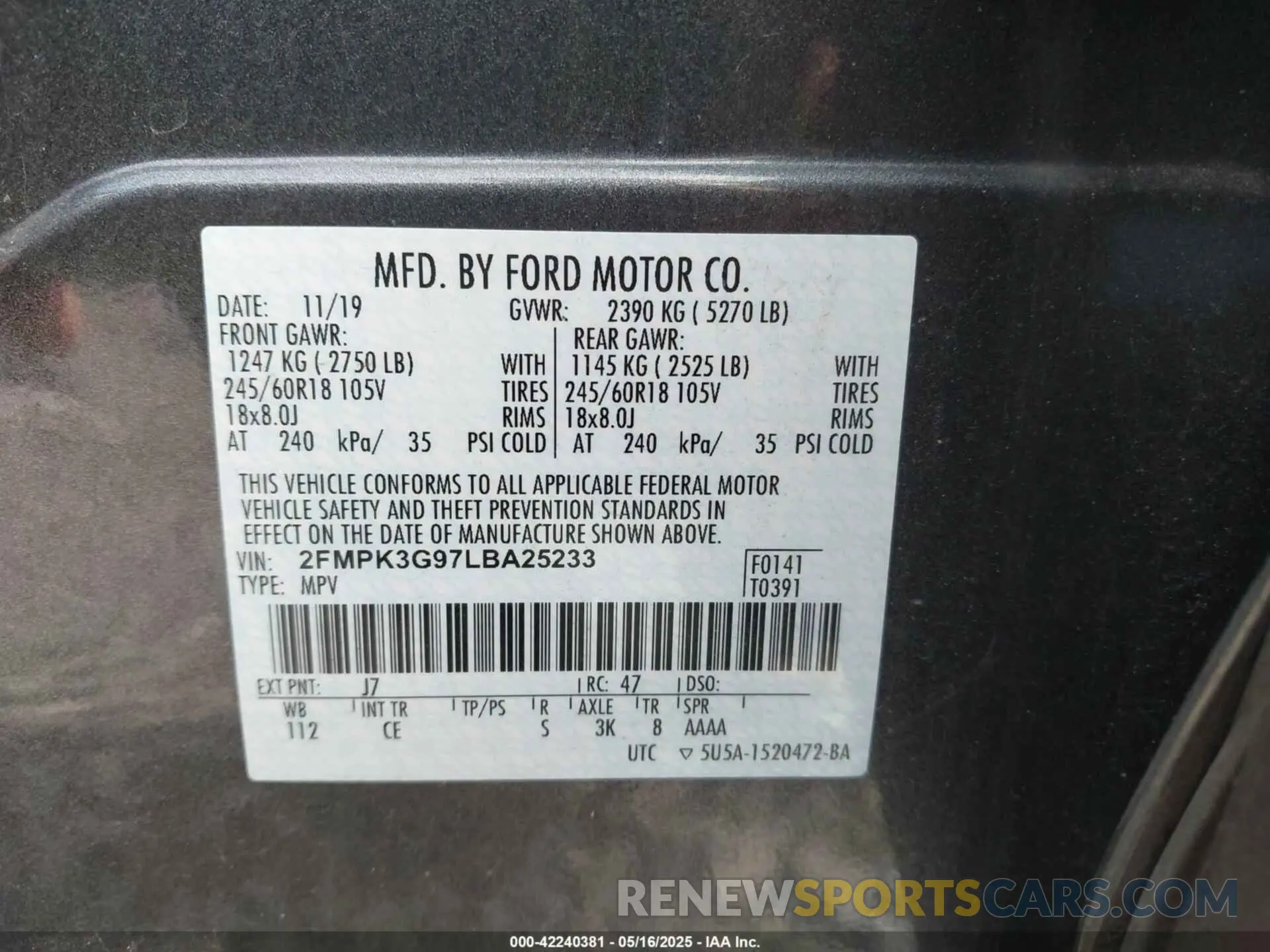 9 fotografías del automóvil dañado 2FMPK3G97LBA25233 FORD EDGE 2020