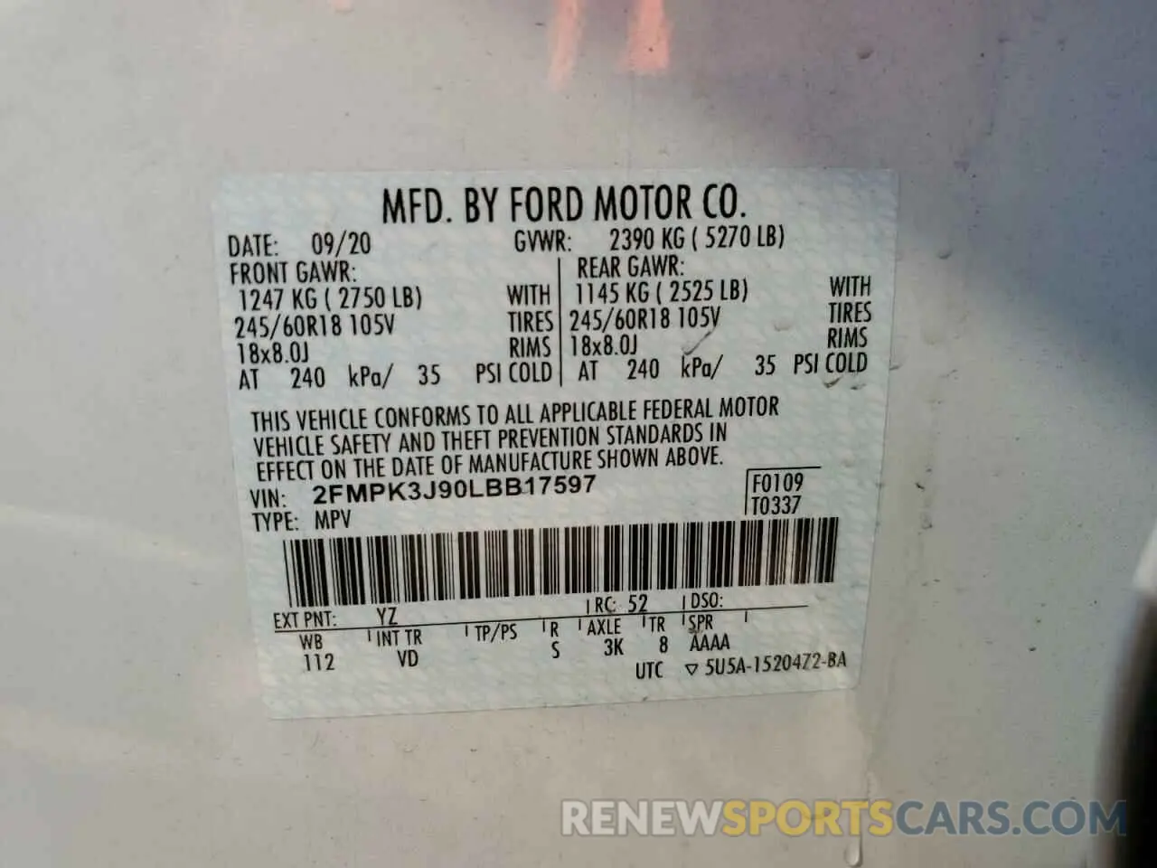13 fotografías del automóvil dañado 2FMPK3J90LBB17597 FORD EDGE 2020