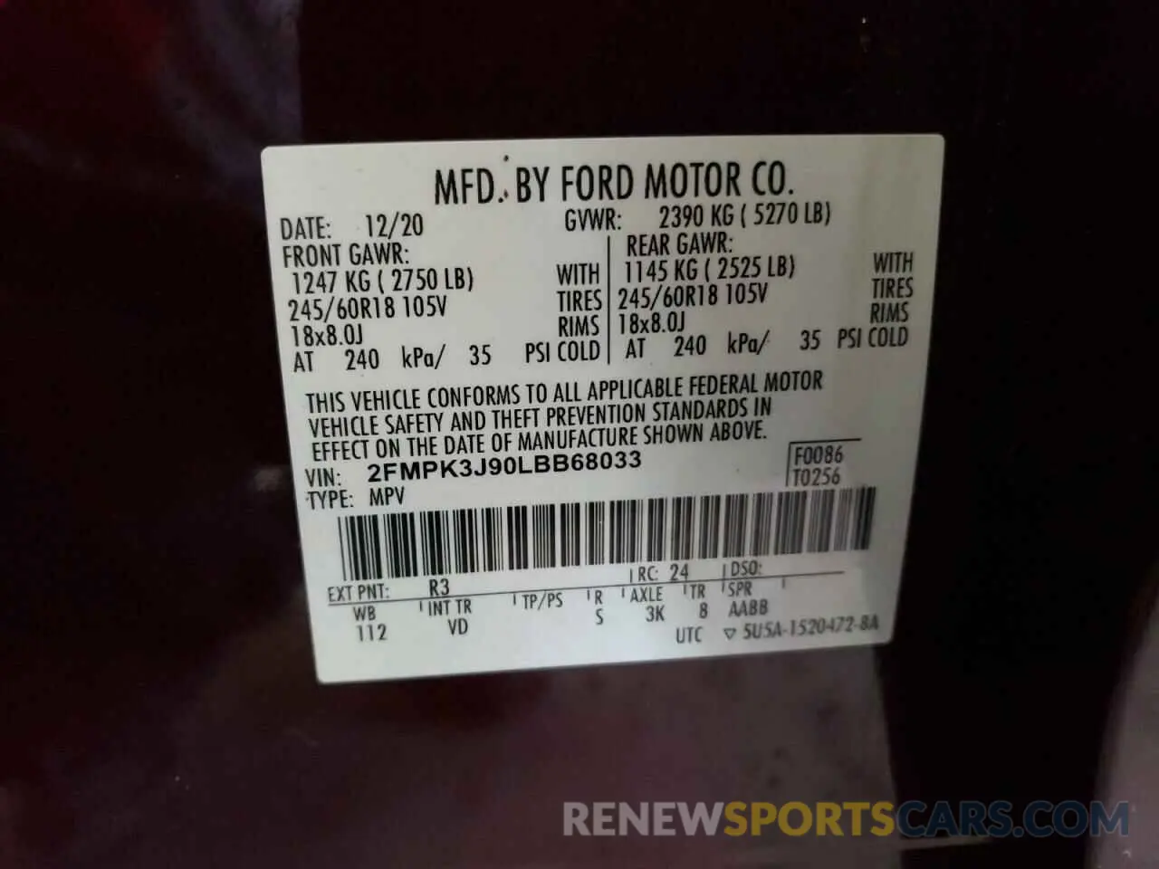 14 fotografías del automóvil dañado 2FMPK3J90LBB68033 FORD EDGE 2020