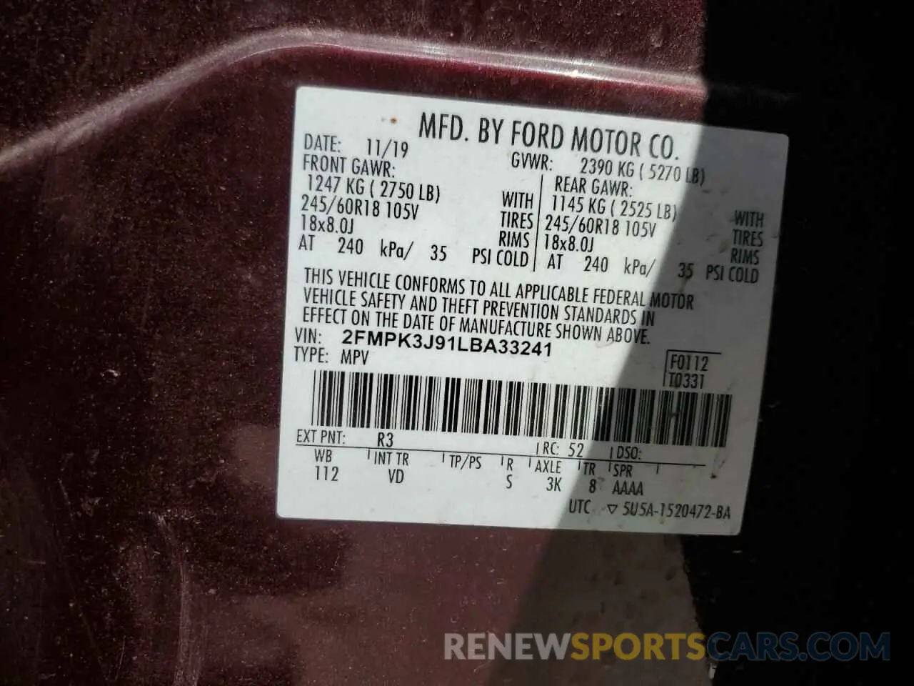 14 fotografías del automóvil dañado 2FMPK3J91LBA33241 FORD EDGE 2020