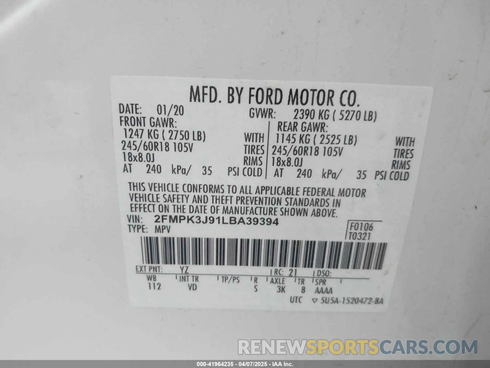 9 fotografías del automóvil dañado 2FMPK3J91LBA39394 FORD EDGE 2020