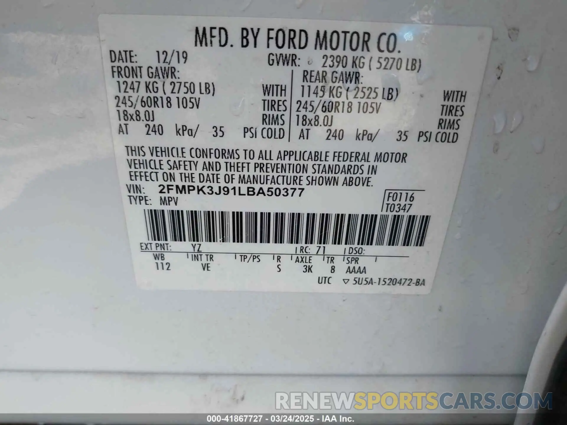 9 fotografías del automóvil dañado 2FMPK3J91LBA50377 FORD EDGE 2020