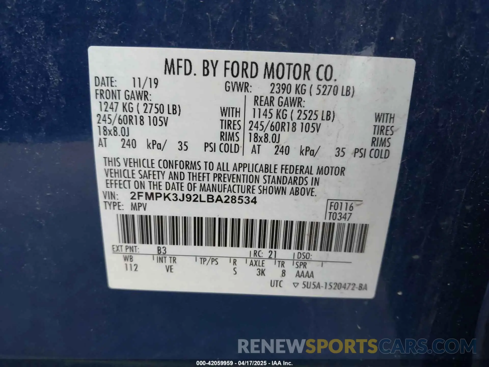 9 fotografías del automóvil dañado 2FMPK3J92LBA28534 FORD EDGE 2020