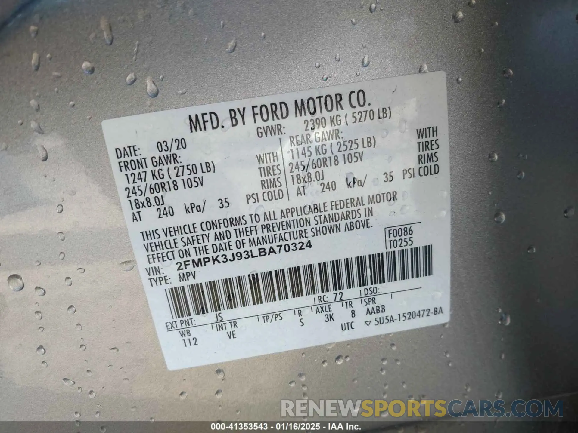 9 fotografías del automóvil dañado 2FMPK3J93LBA70324 FORD EDGE 2020