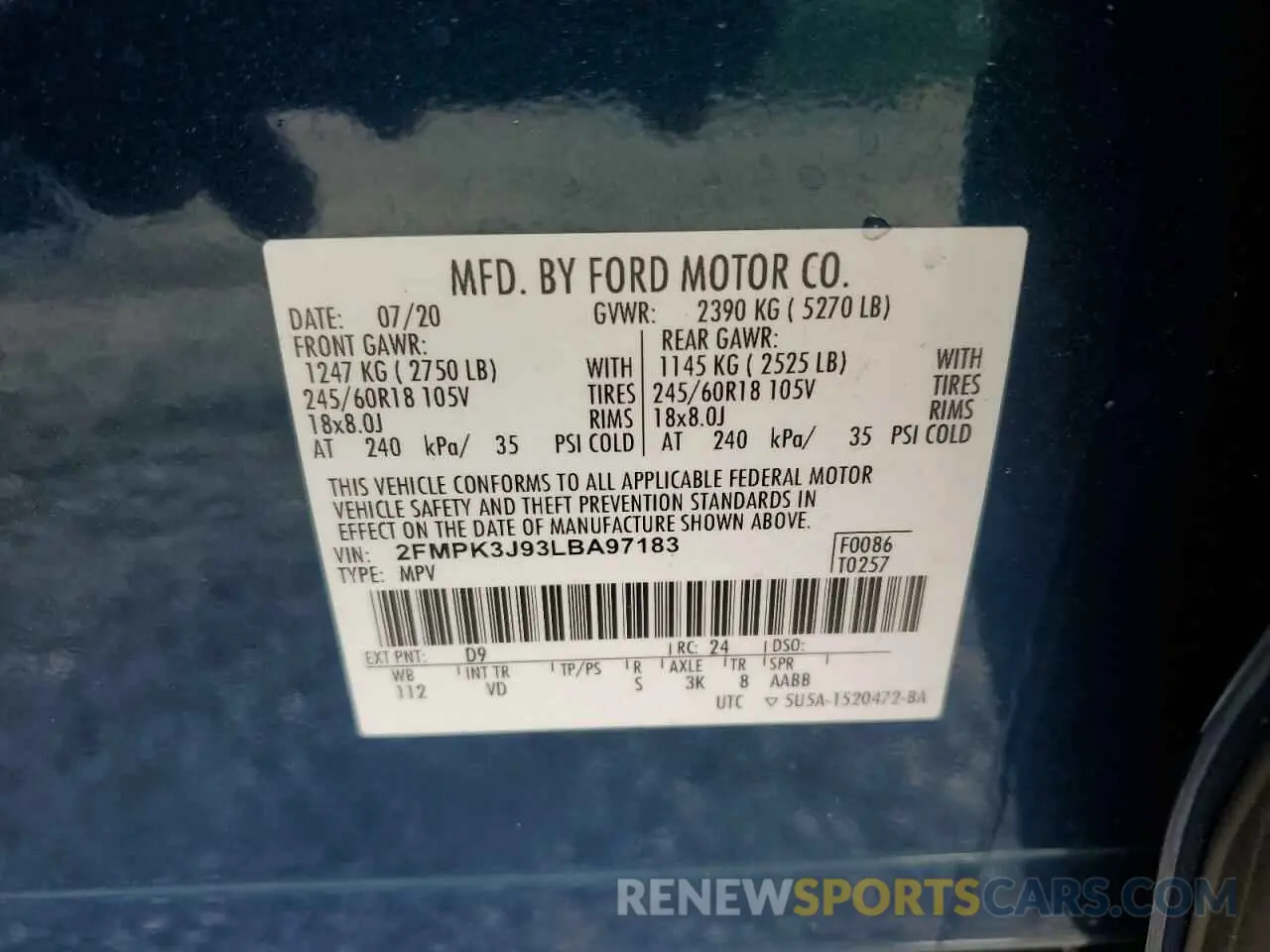 12 fotografías del automóvil dañado 2FMPK3J93LBA97183 FORD EDGE 2020