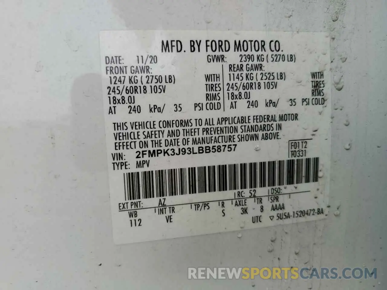 14 fotografías del automóvil dañado 2FMPK3J93LBB58757 FORD EDGE 2020