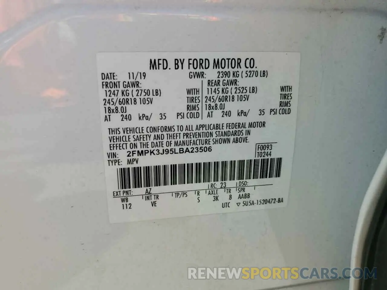 15 fotografías del automóvil dañado 2FMPK3J95LBA23506 FORD EDGE 2020