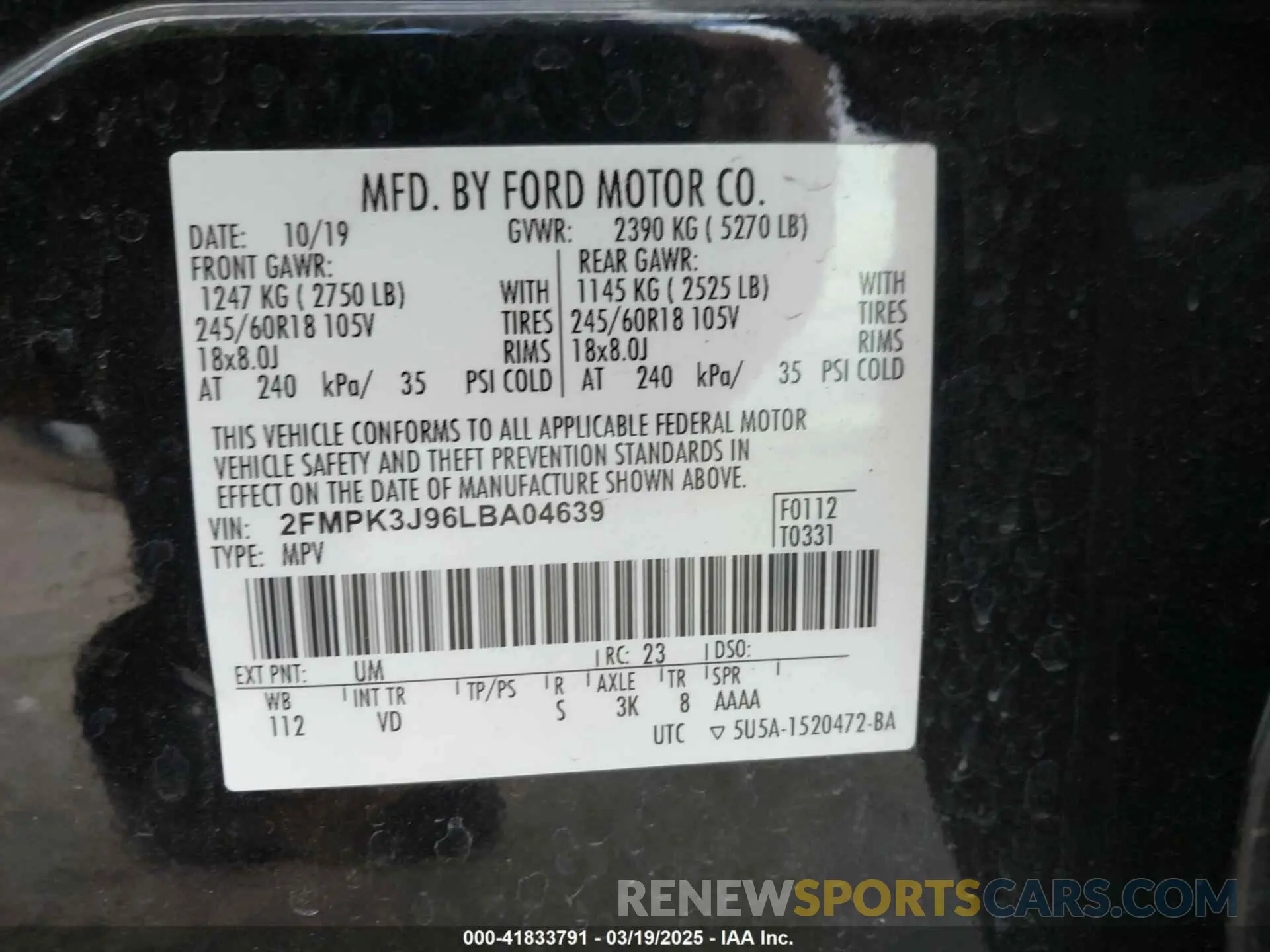 9 fotografías del automóvil dañado 2FMPK3J96LBA04639 FORD EDGE 2020