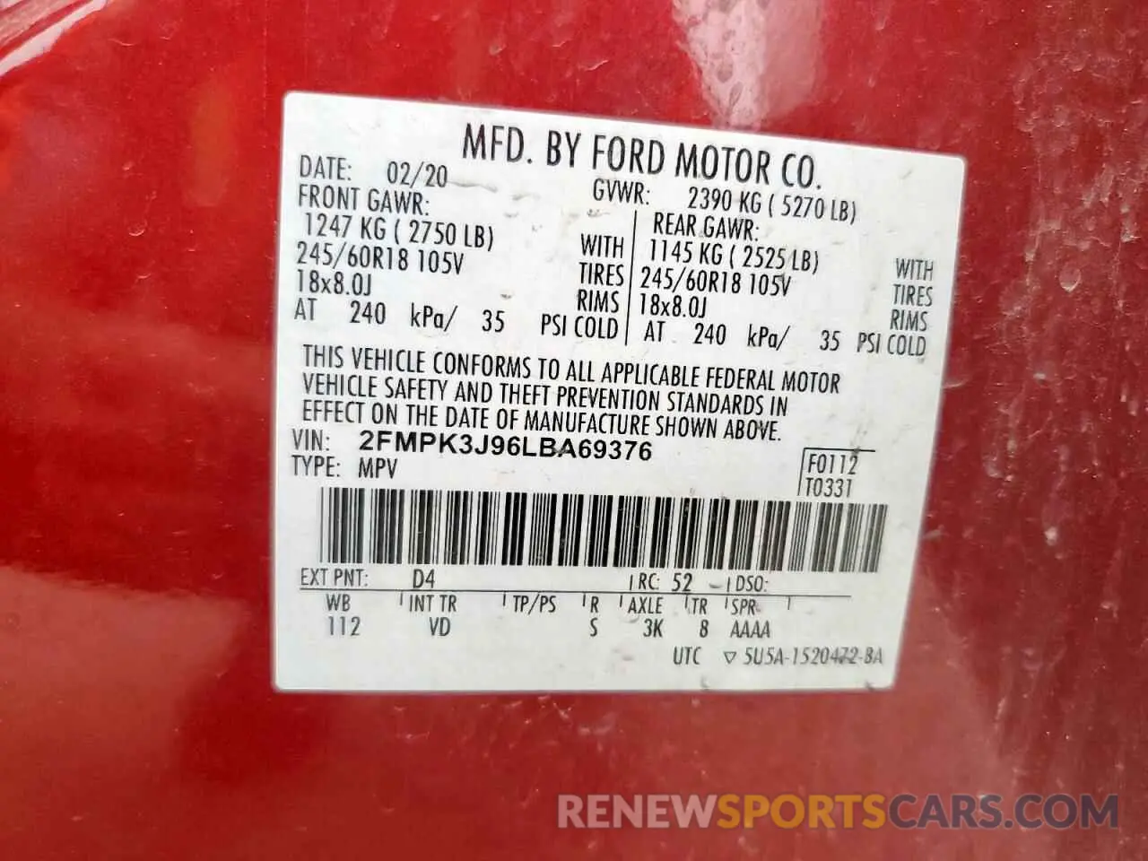 14 fotografías del automóvil dañado 2FMPK3J96LBA69376 FORD EDGE 2020