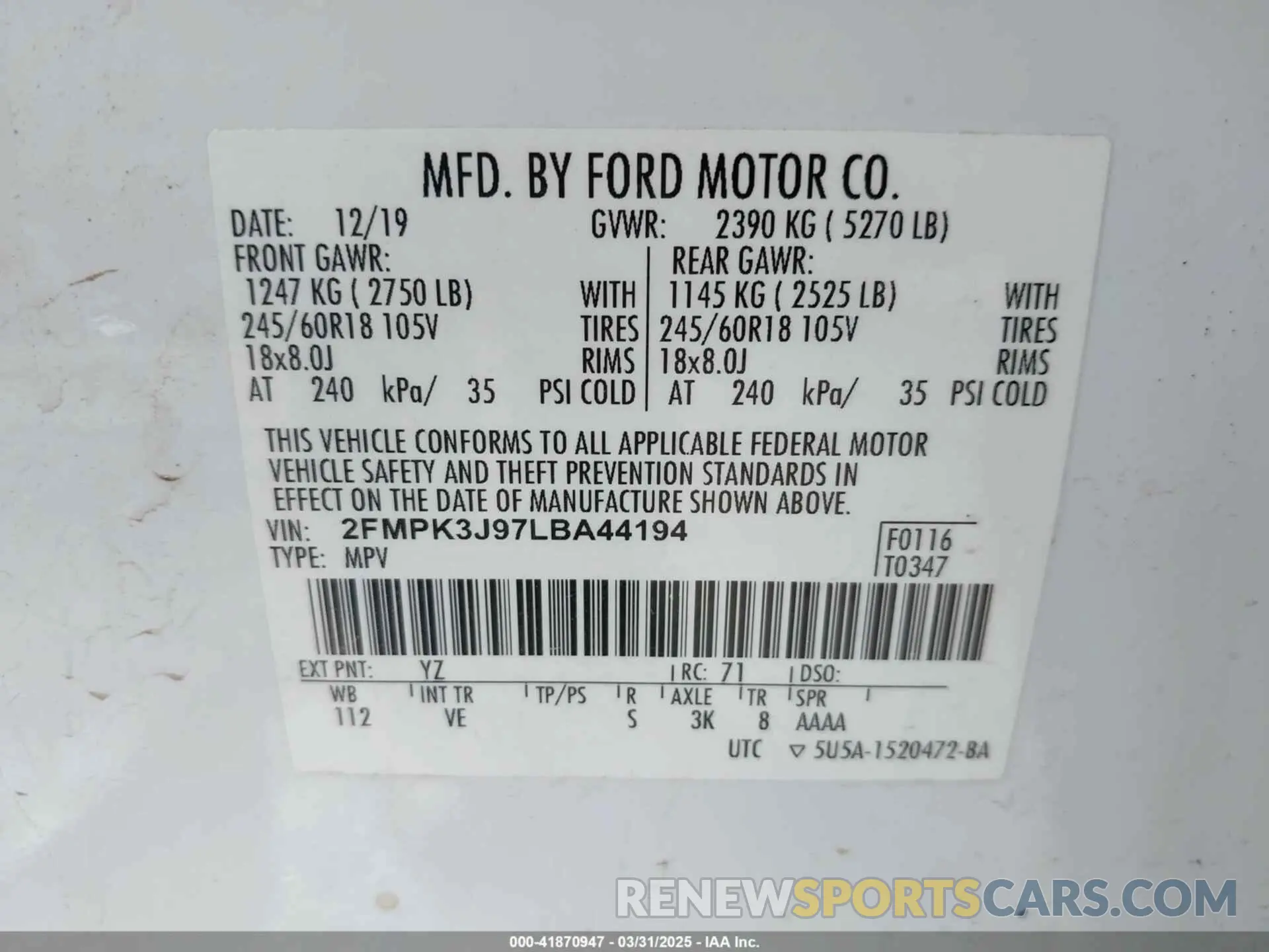 9 fotografías del automóvil dañado 2FMPK3J97LBA44194 FORD EDGE 2020