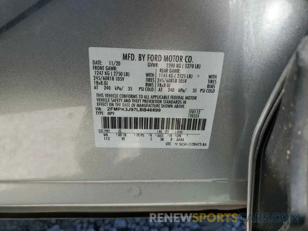 13 fotografías del automóvil dañado 2FMPK3J97LBB46899 FORD EDGE 2020