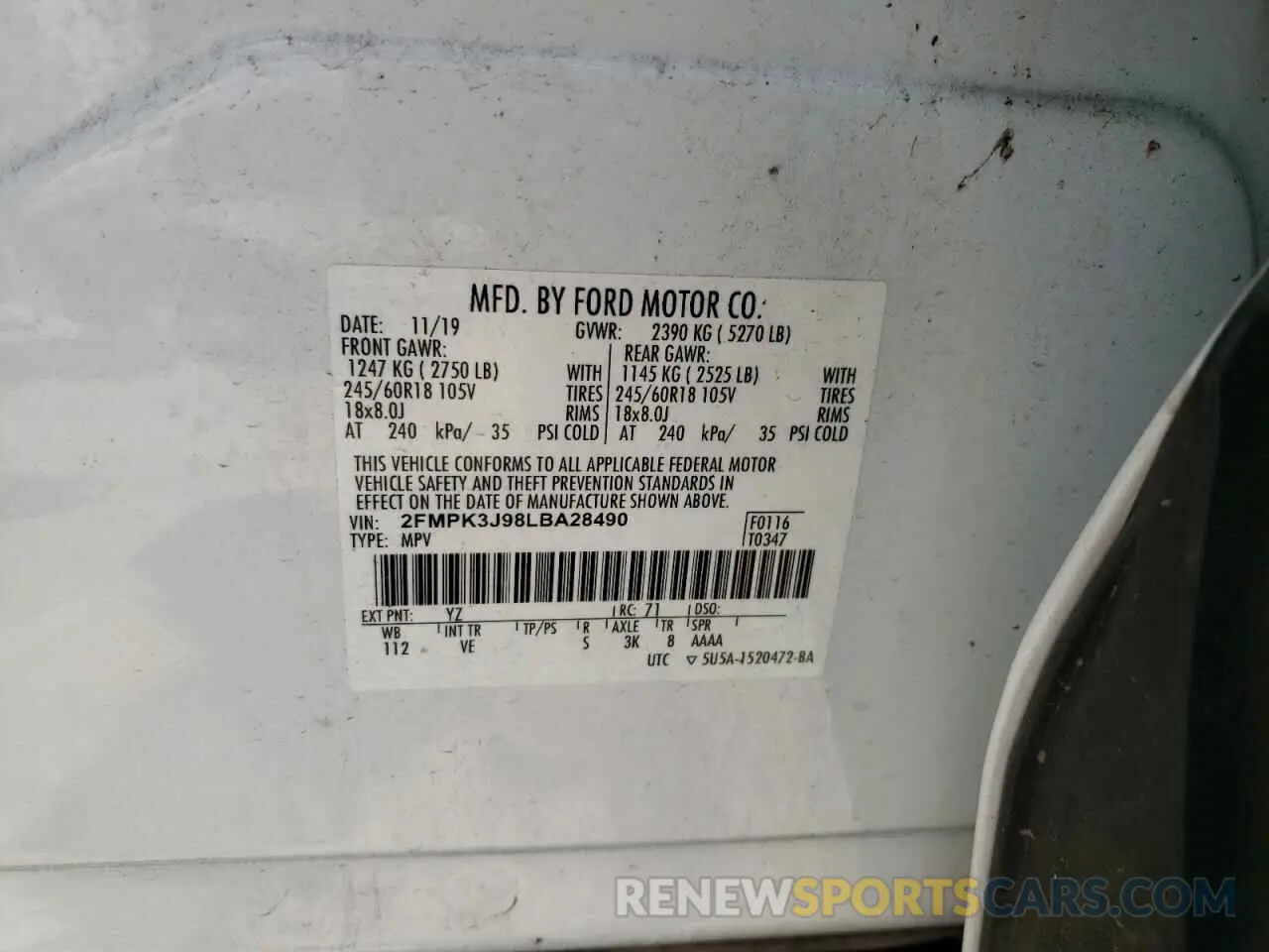 12 fotografías del automóvil dañado 2FMPK3J98LBA28490 FORD EDGE 2020