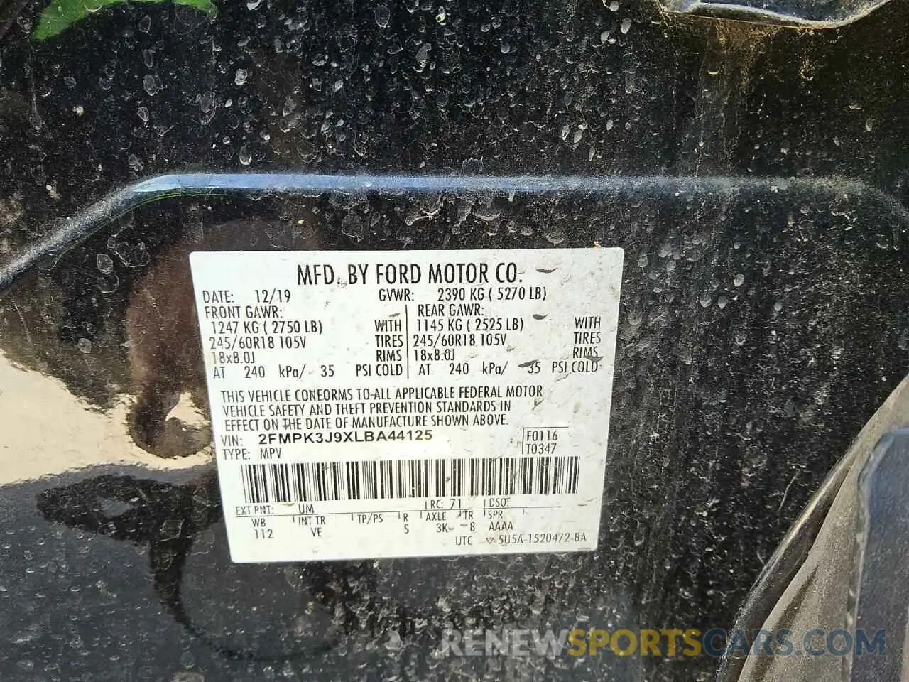 12 fotografías del automóvil dañado 2FMPK3J9XLBA44125 FORD EDGE 2020