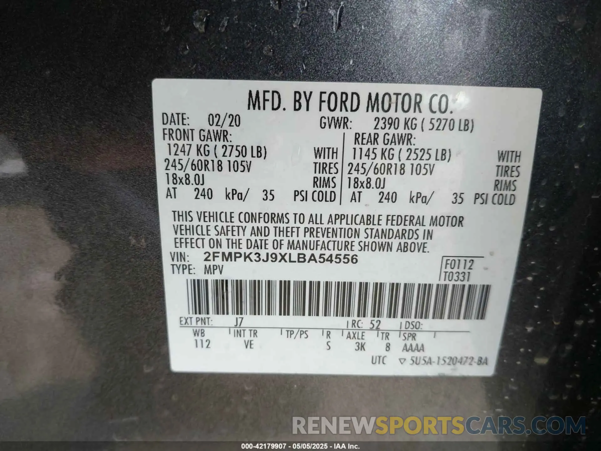 9 fotografías del automóvil dañado 2FMPK3J9XLBA54556 FORD EDGE 2020