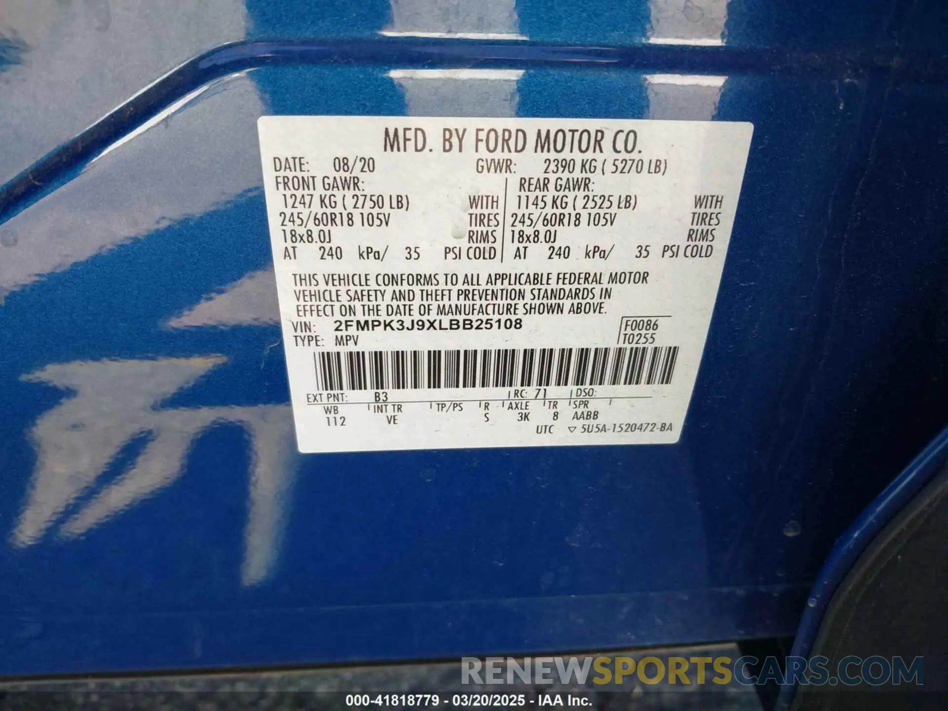 9 fotografías del automóvil dañado 2FMPK3J9XLBB25108 FORD EDGE 2020