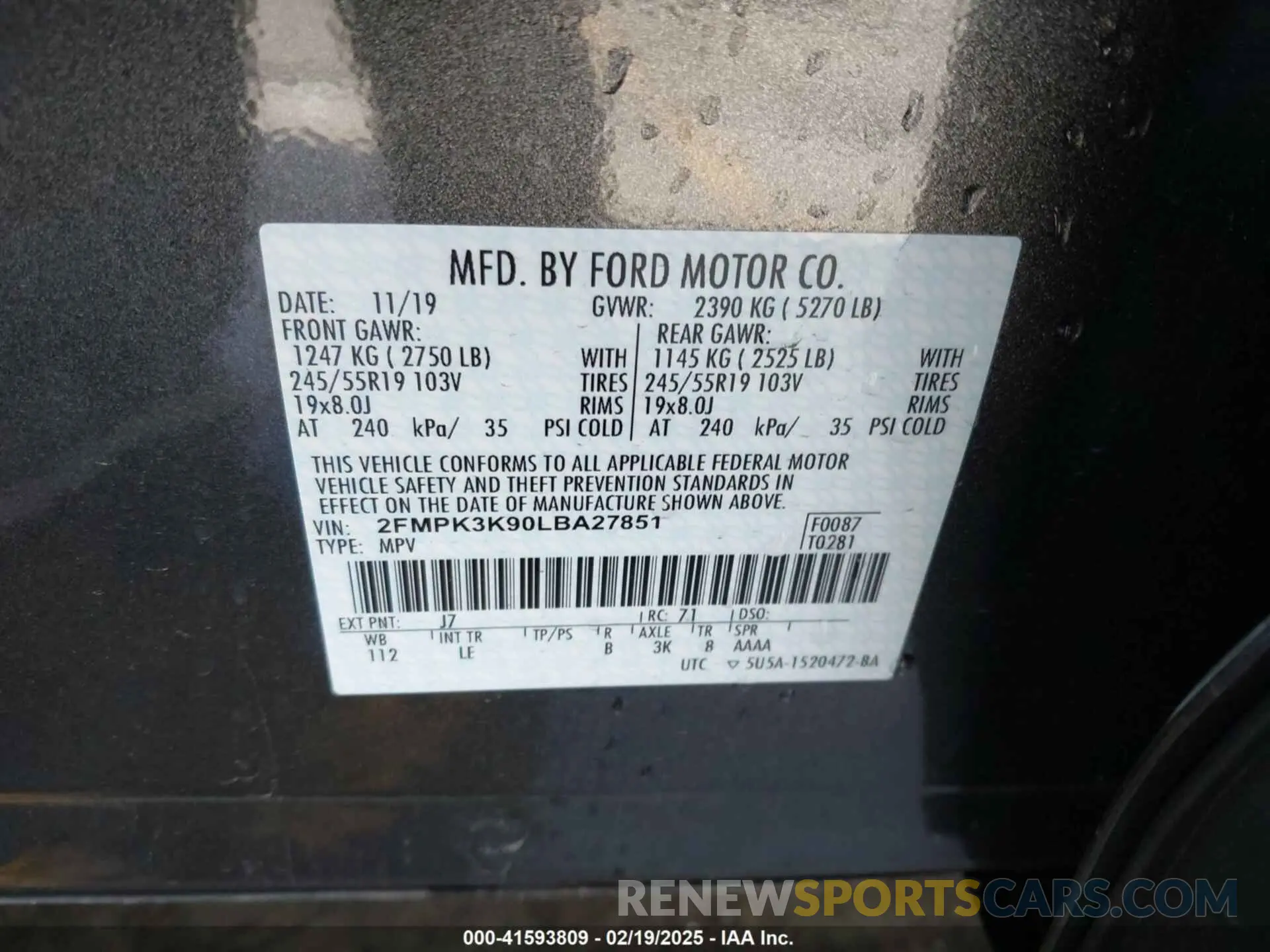 9 fotografías del automóvil dañado 2FMPK3K90LBA27851 FORD EDGE 2020