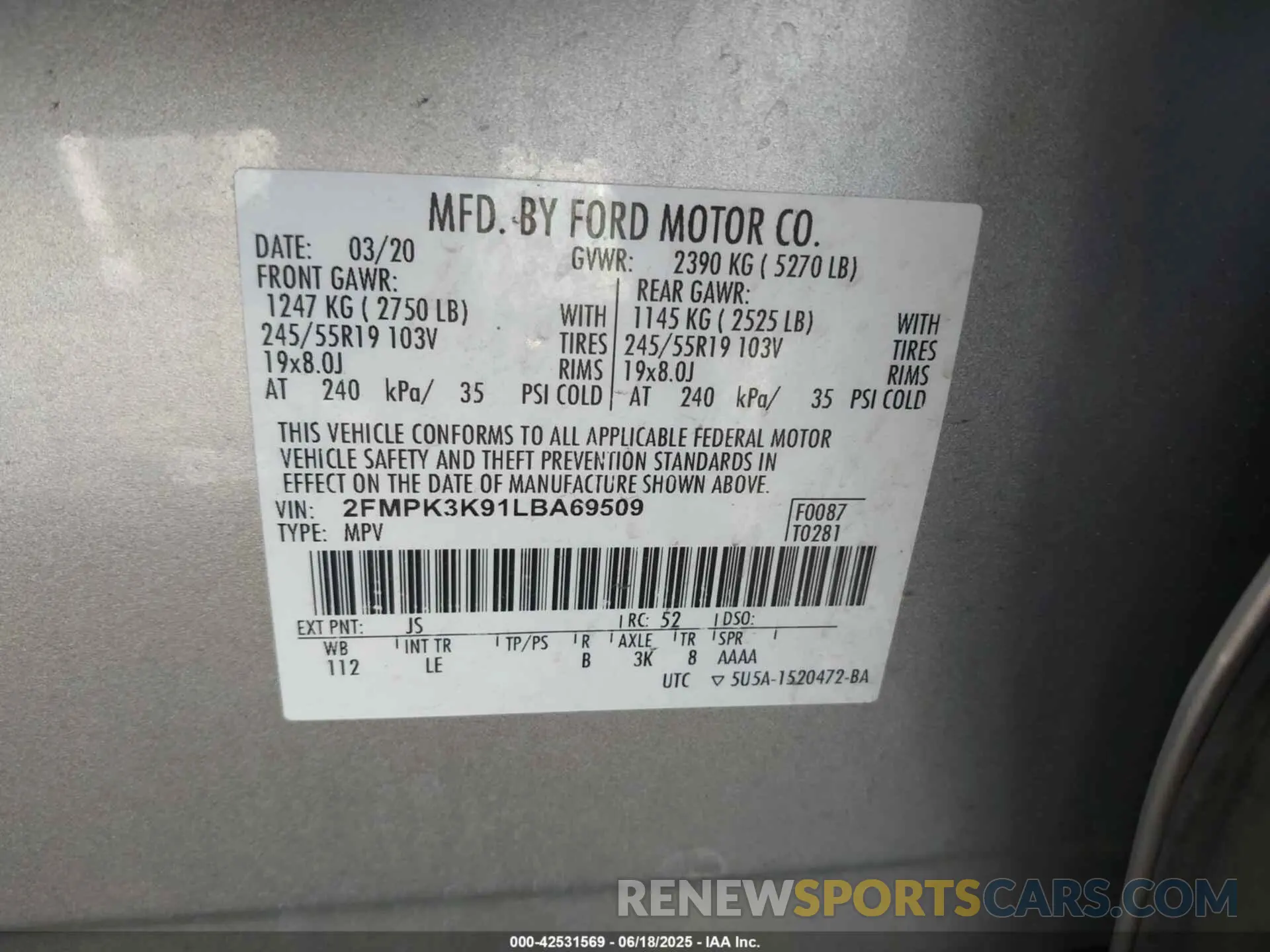9 fotografías del automóvil dañado 2FMPK3K91LBA69509 FORD EDGE 2020