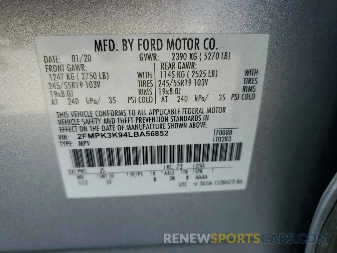13 fotografías del automóvil dañado 2FMPK3K94LBA56852 FORD EDGE 2020