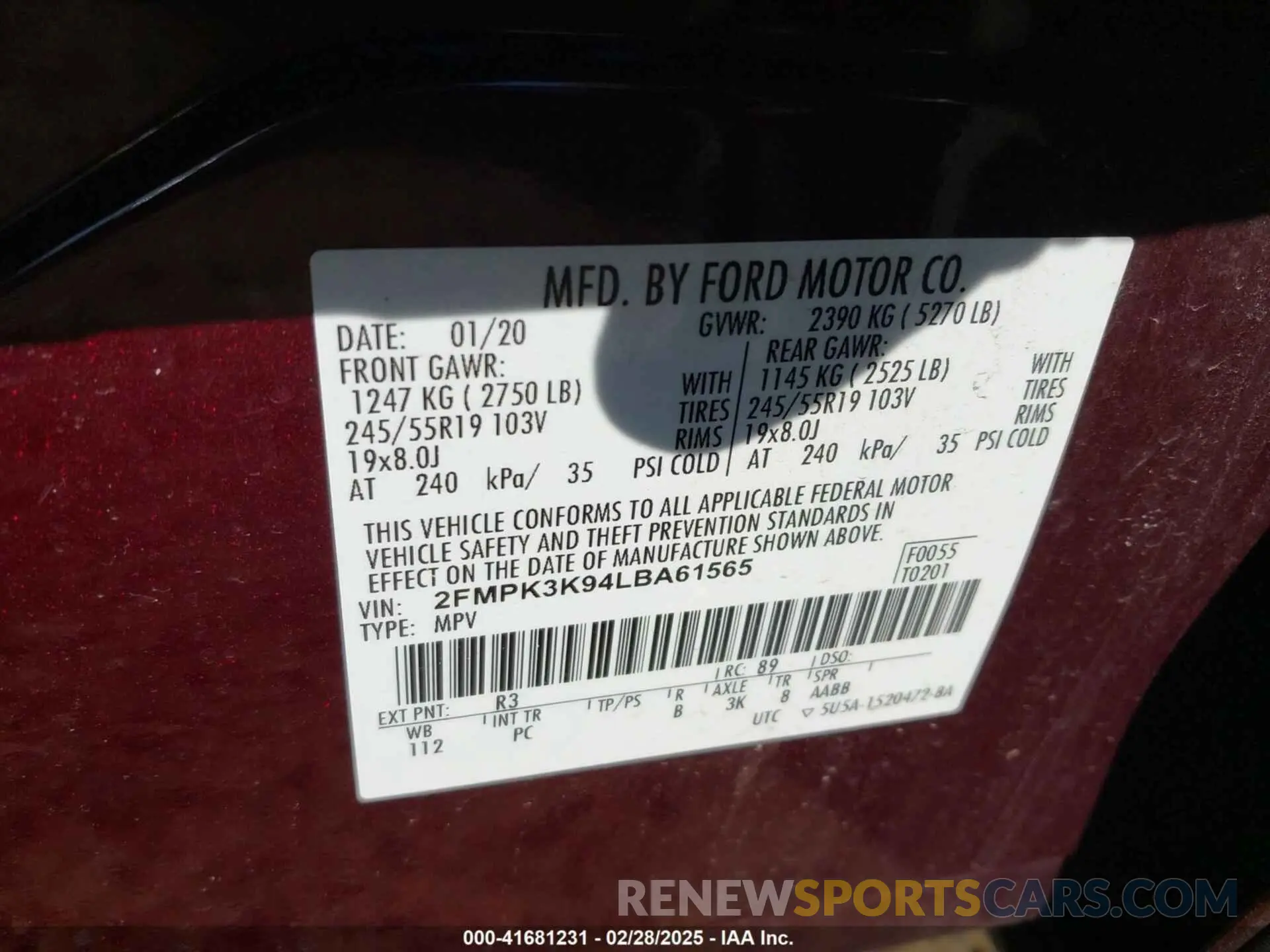 9 fotografías del automóvil dañado 2FMPK3K94LBA61565 FORD EDGE 2020