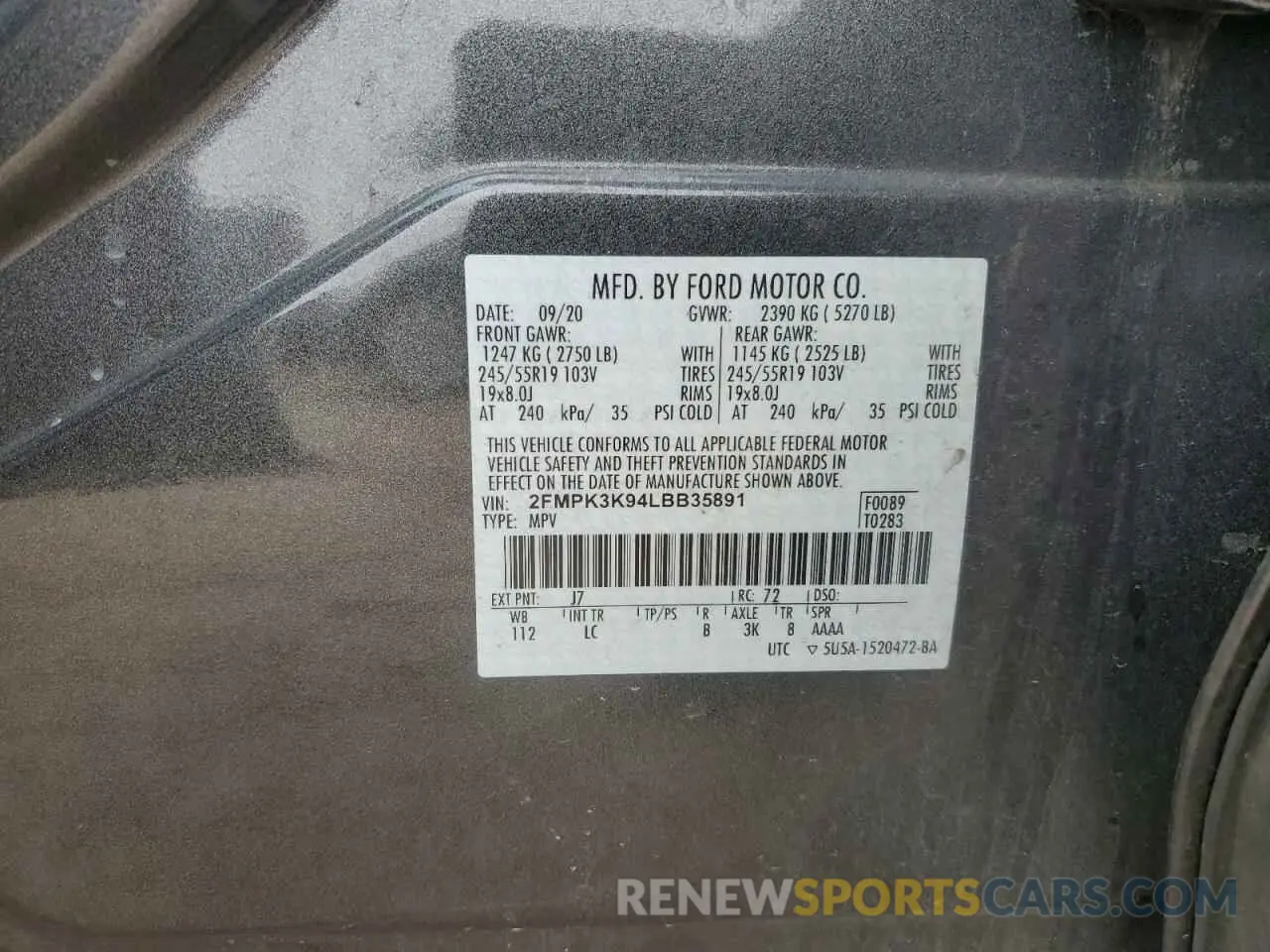 13 fotografías del automóvil dañado 2FMPK3K94LBB35891 FORD EDGE 2020