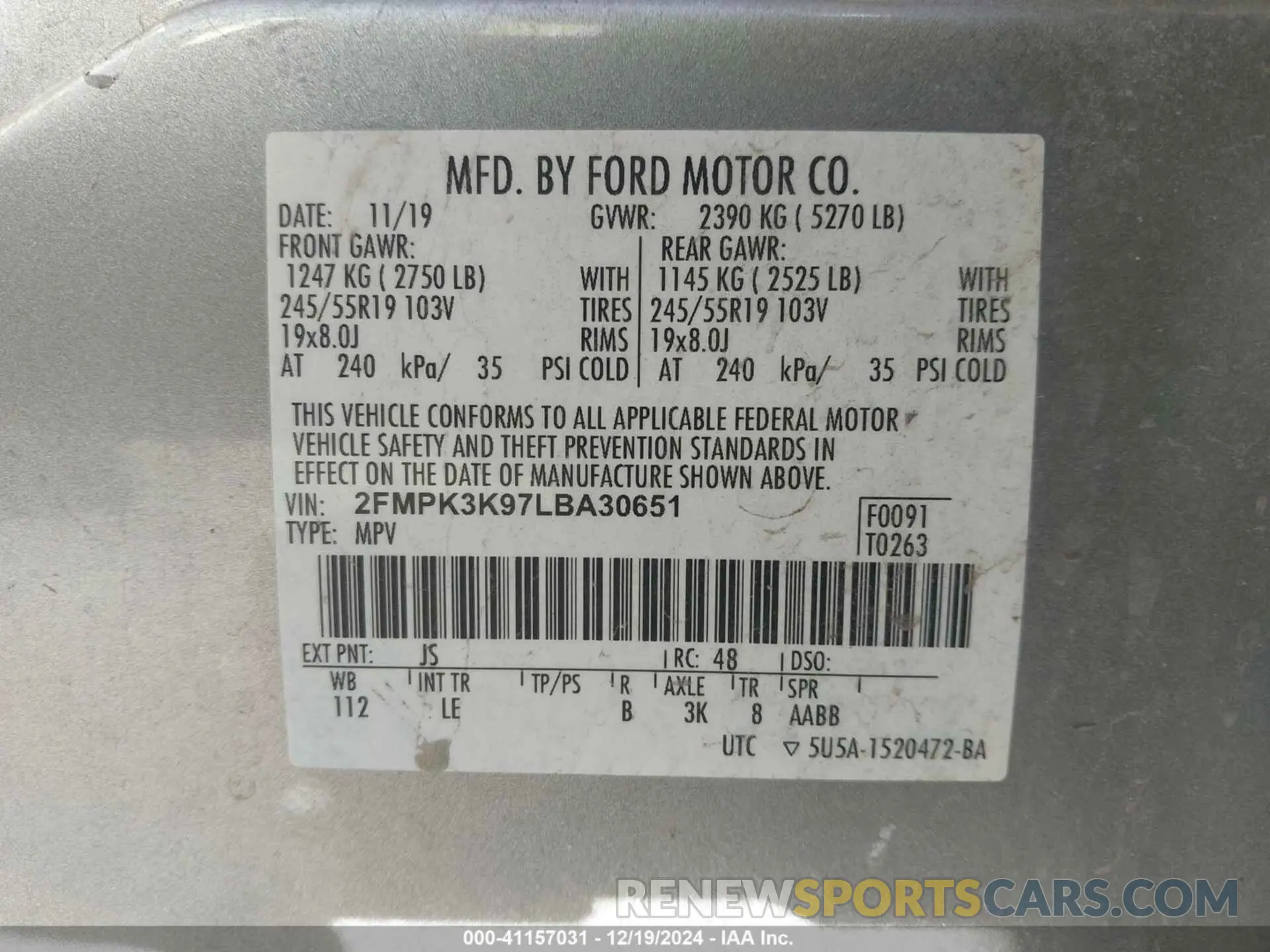 9 fotografías del automóvil dañado 2FMPK3K97LBA30651 FORD EDGE 2020