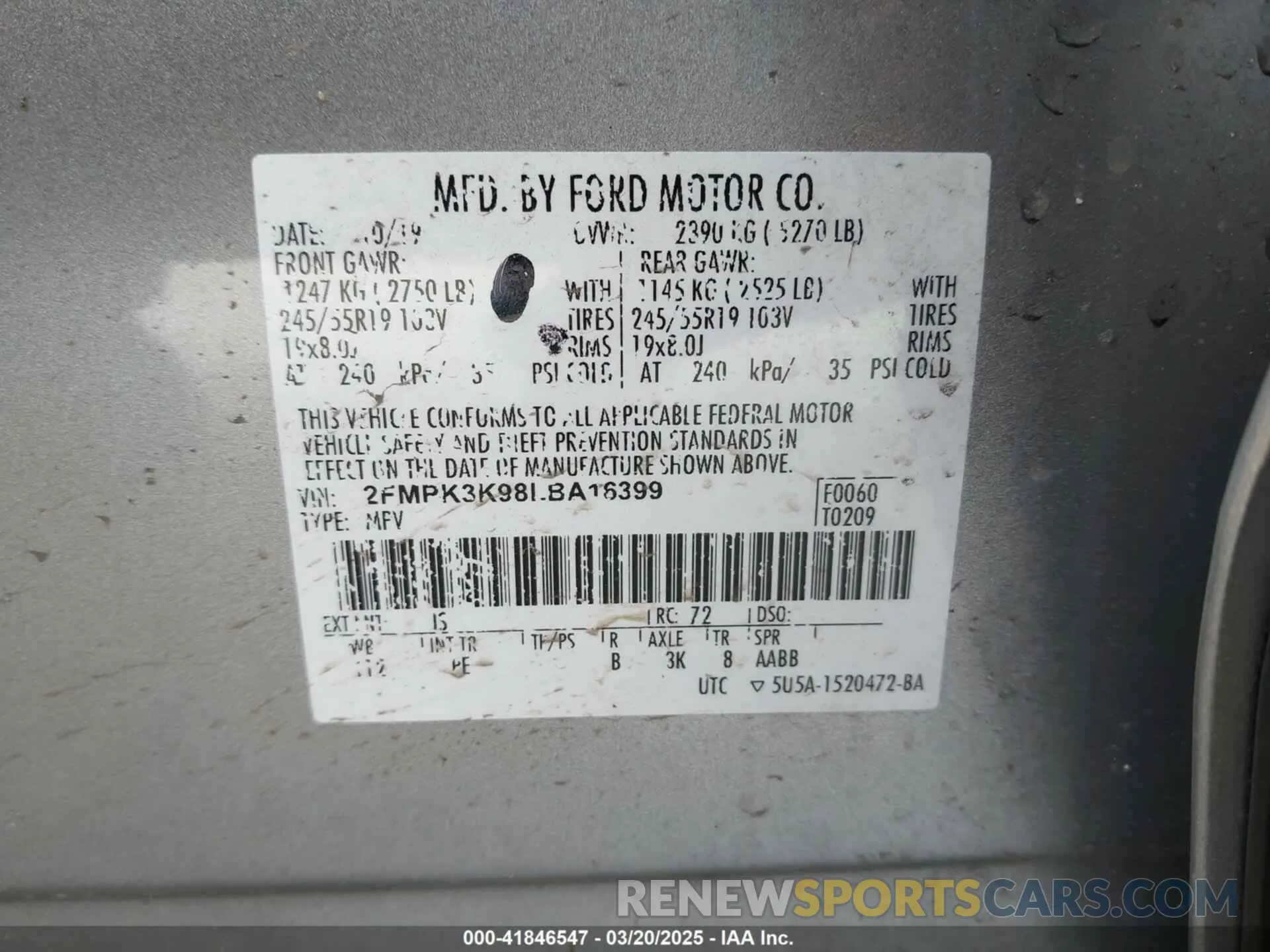 9 fotografías del automóvil dañado 2FMPK3K98LBA16399 FORD EDGE 2020