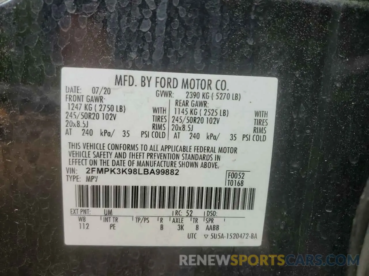 13 fotografías del automóvil dañado 2FMPK3K98LBA99882 FORD EDGE 2020