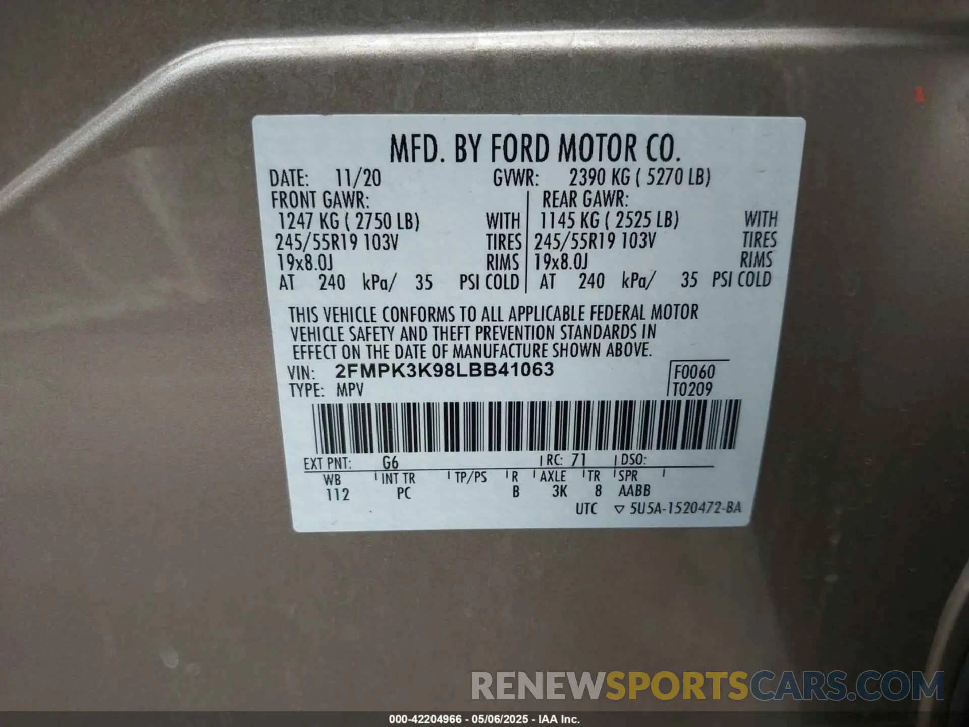 9 fotografías del automóvil dañado 2FMPK3K98LBB41063 FORD EDGE 2020