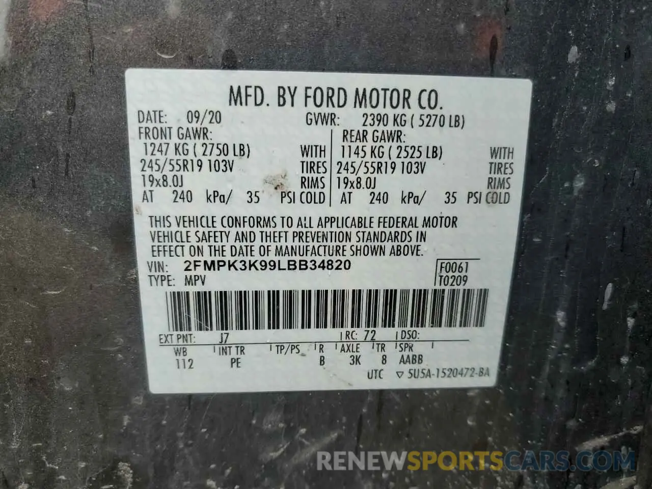 13 fotografías del automóvil dañado 2FMPK3K99LBB34820 FORD EDGE 2020