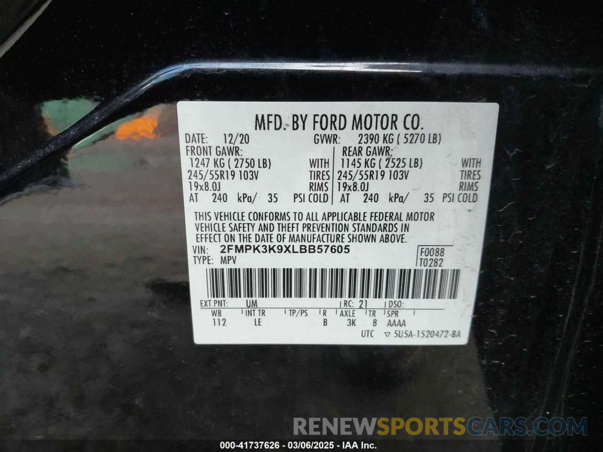 9 fotografías del automóvil dañado 2FMPK3K9XLBB57605 FORD EDGE 2020