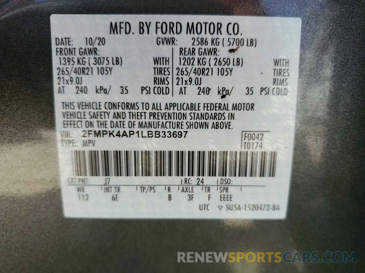 14 fotografías del automóvil dañado 2FMPK4AP1LBB33697 FORD EDGE 2020