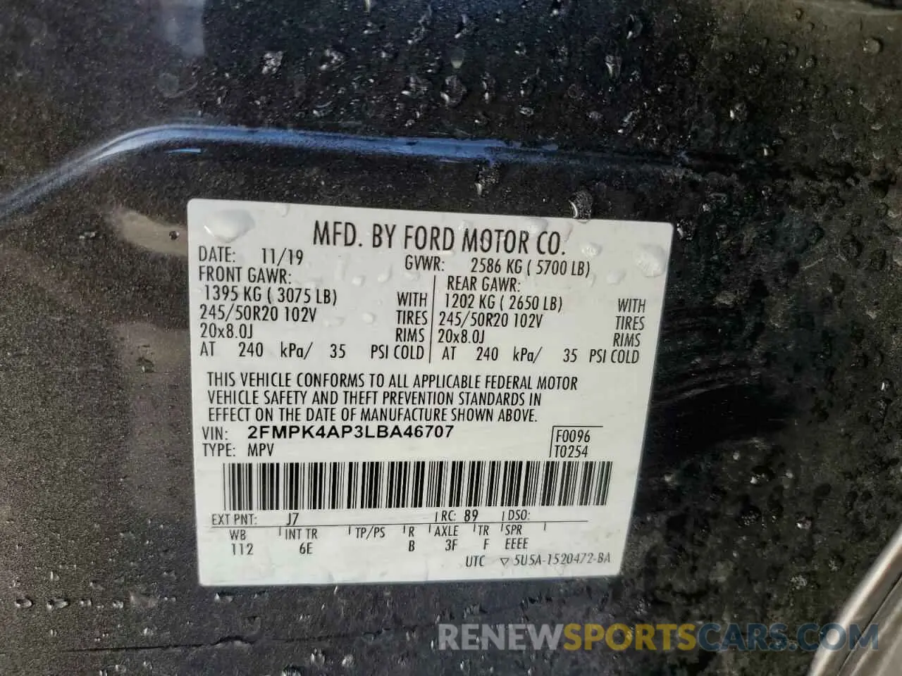 14 fotografías del automóvil dañado 2FMPK4AP3LBA46707 FORD EDGE 2020