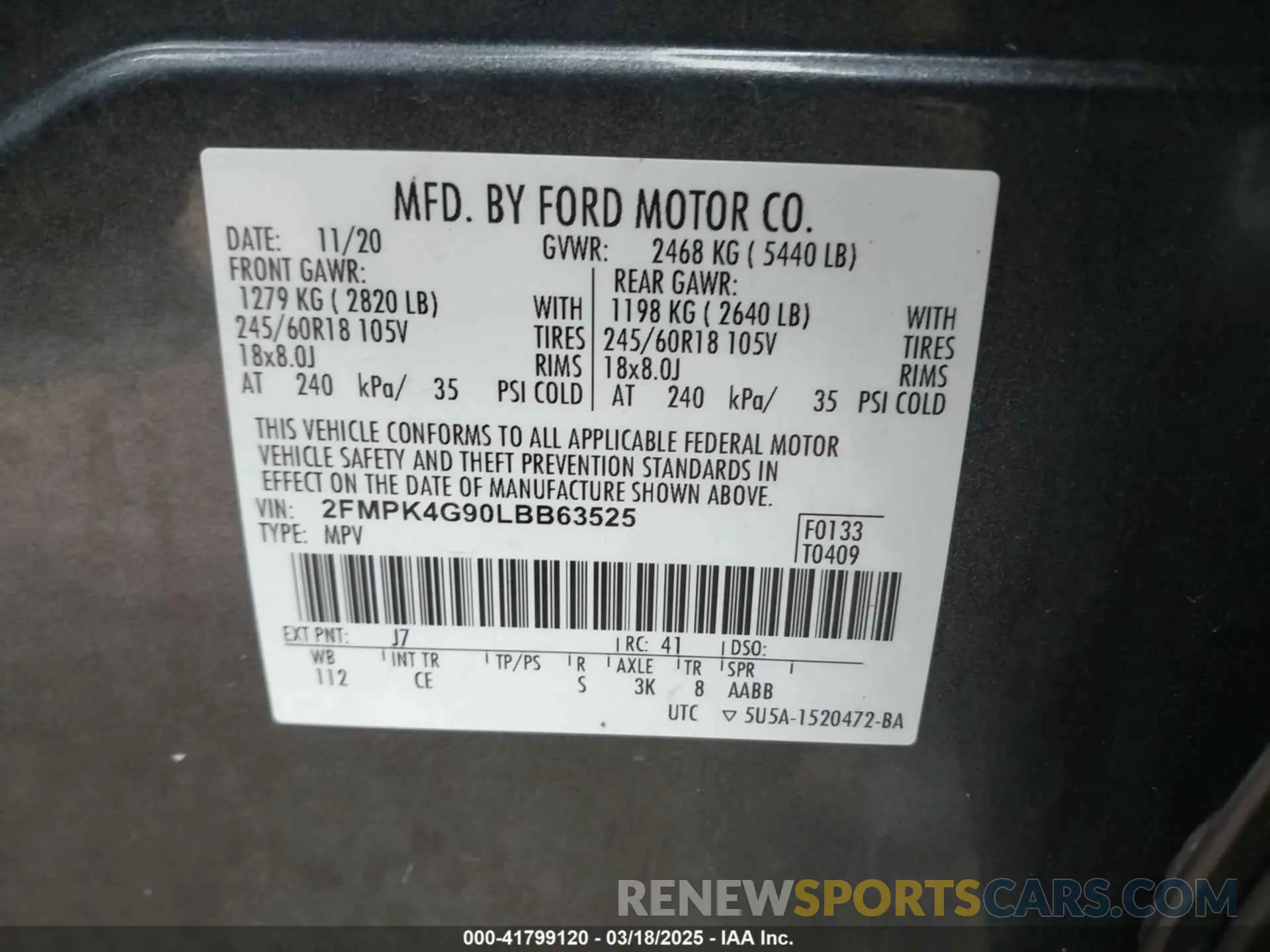 9 fotografías del automóvil dañado 2FMPK4G90LBB63525 FORD EDGE 2020