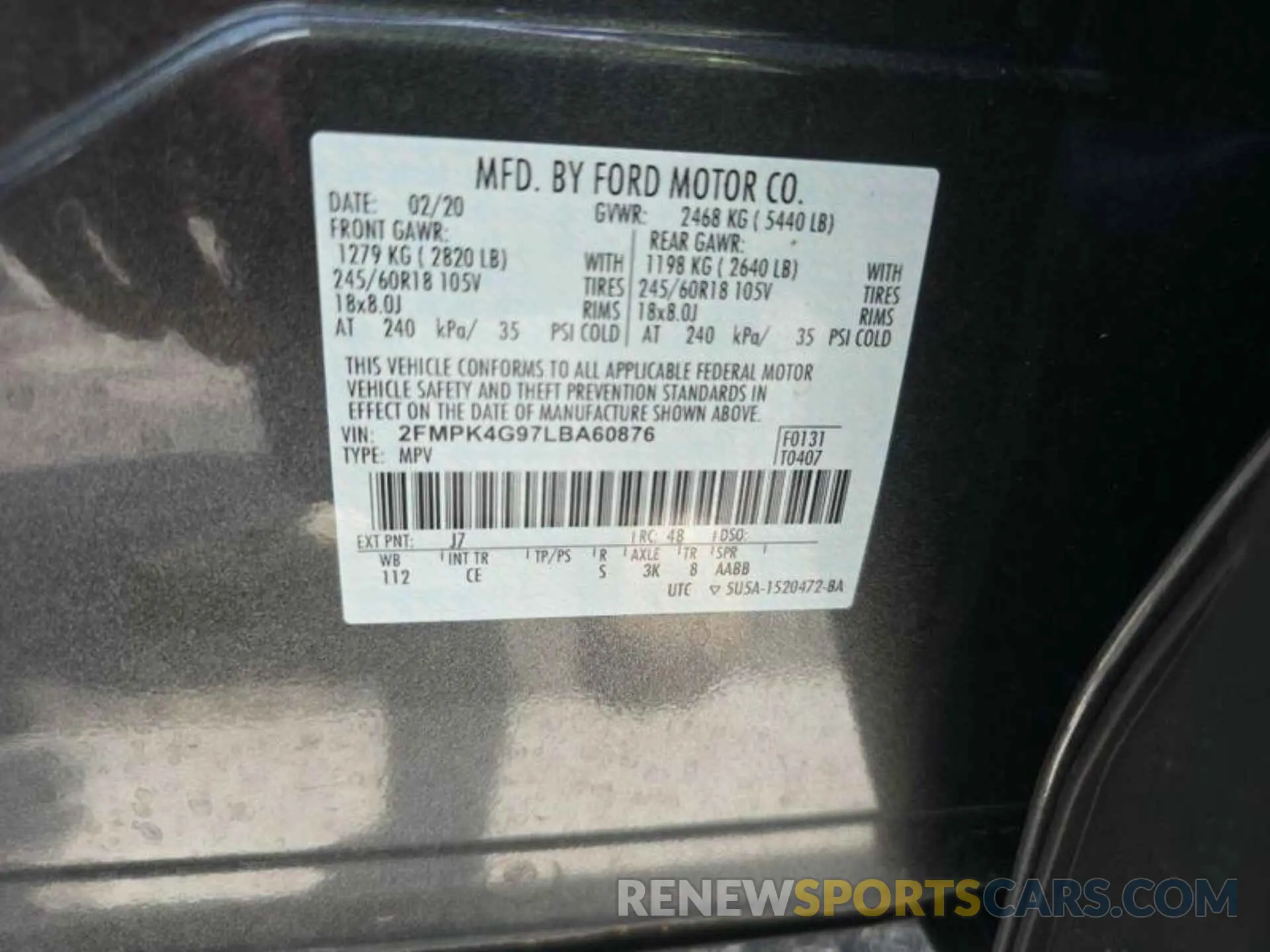 10 fotografías del automóvil dañado 2FMPK4G97LBA60876 FORD EDGE 2020