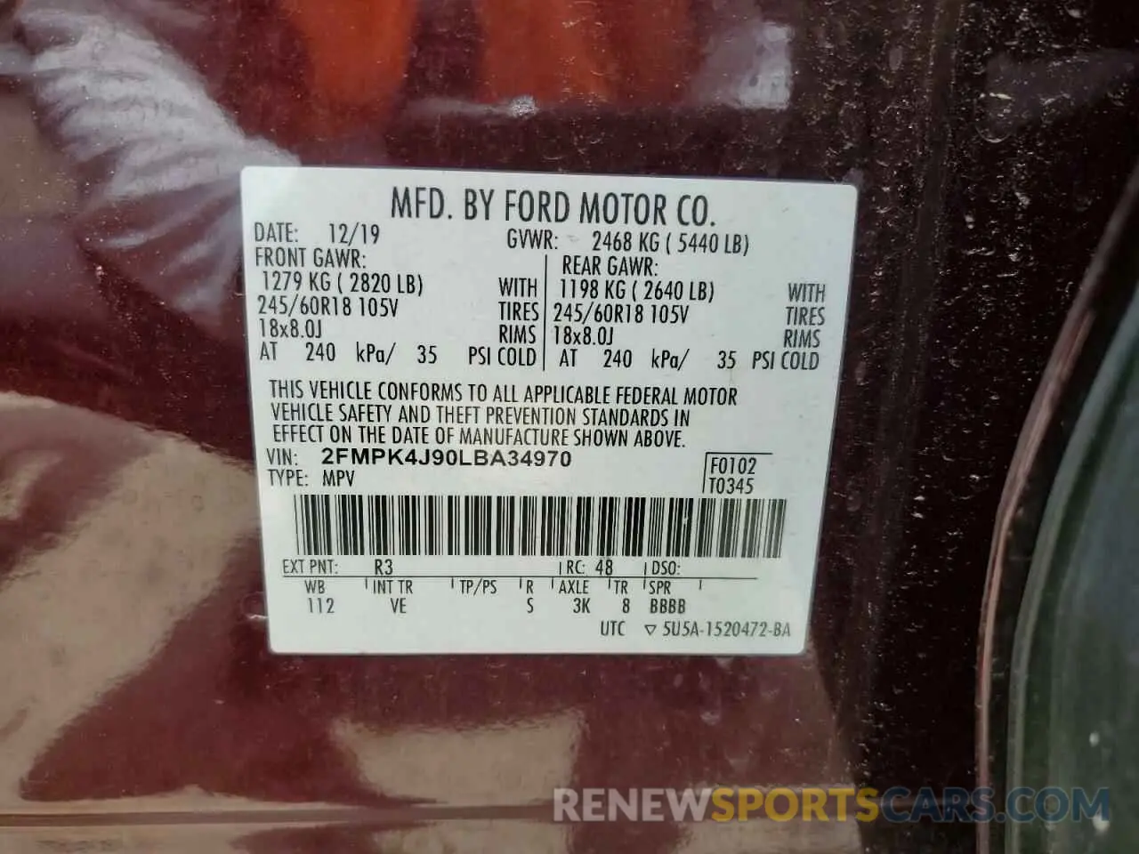 13 fotografías del automóvil dañado 2FMPK4J90LBA34970 FORD EDGE 2020
