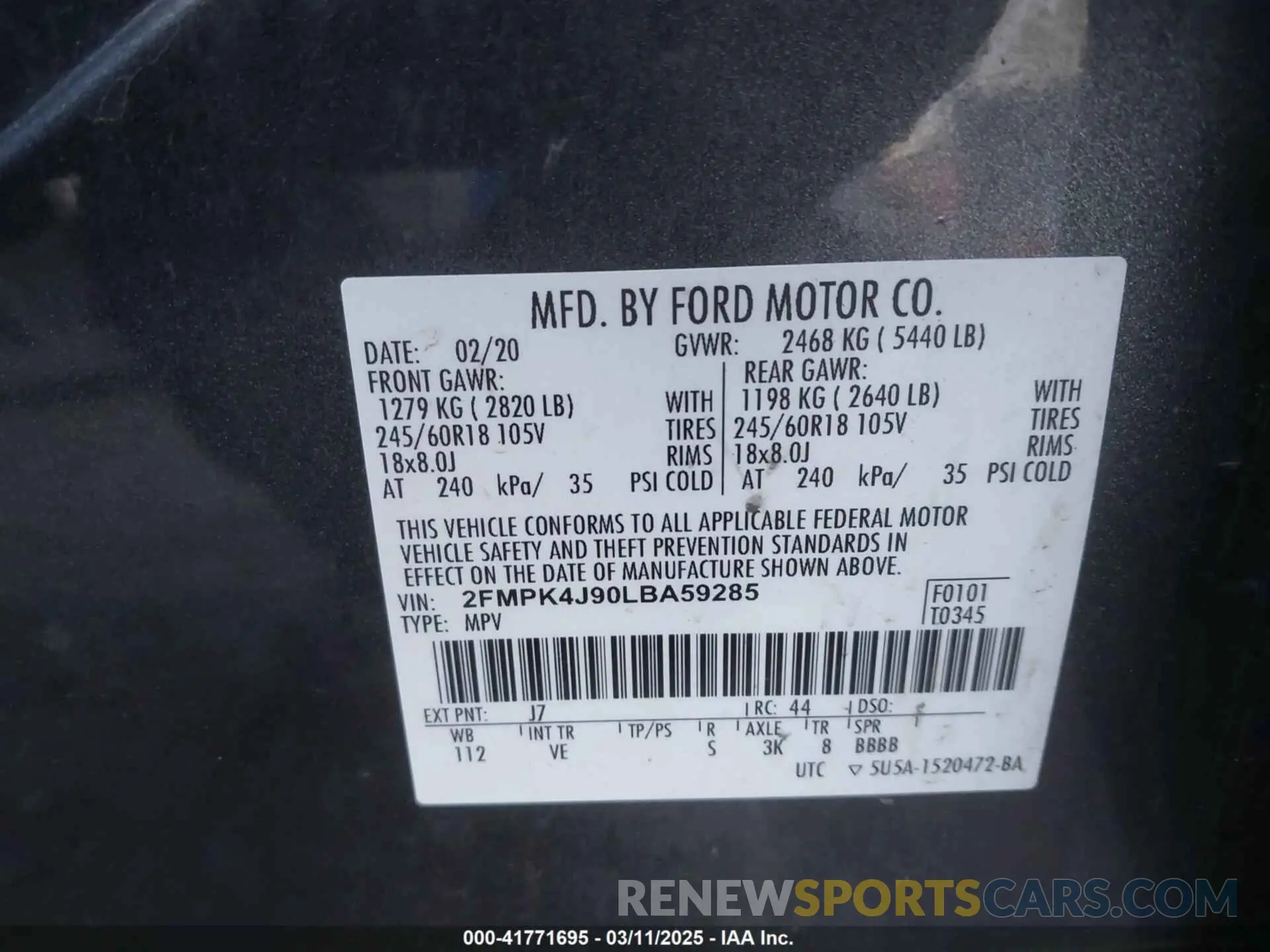 9 fotografías del automóvil dañado 2FMPK4J90LBA59285 FORD EDGE 2020