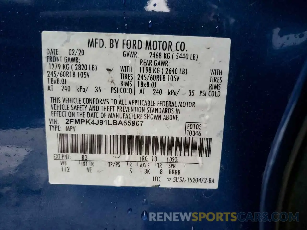 13 fotografías del automóvil dañado 2FMPK4J91LBA65967 FORD EDGE 2020