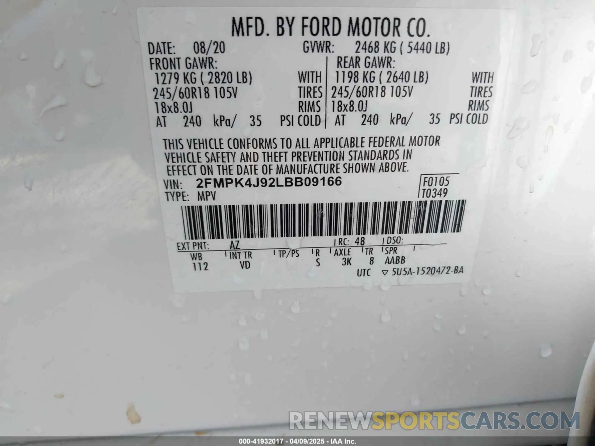 9 fotografías del automóvil dañado 2FMPK4J92LBB09166 FORD EDGE 2020