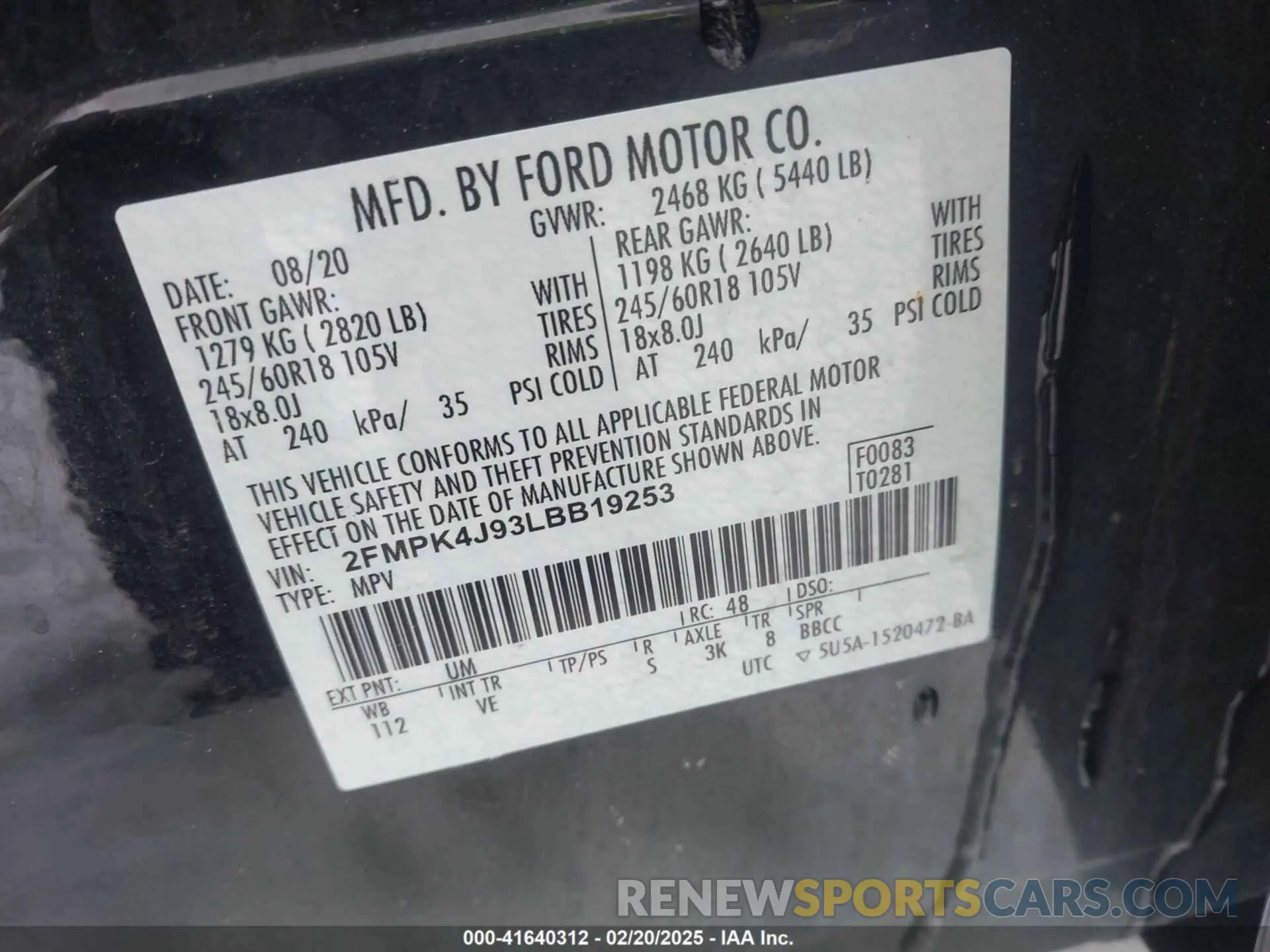 9 fotografías del automóvil dañado 2FMPK4J93LBB19253 FORD EDGE 2020