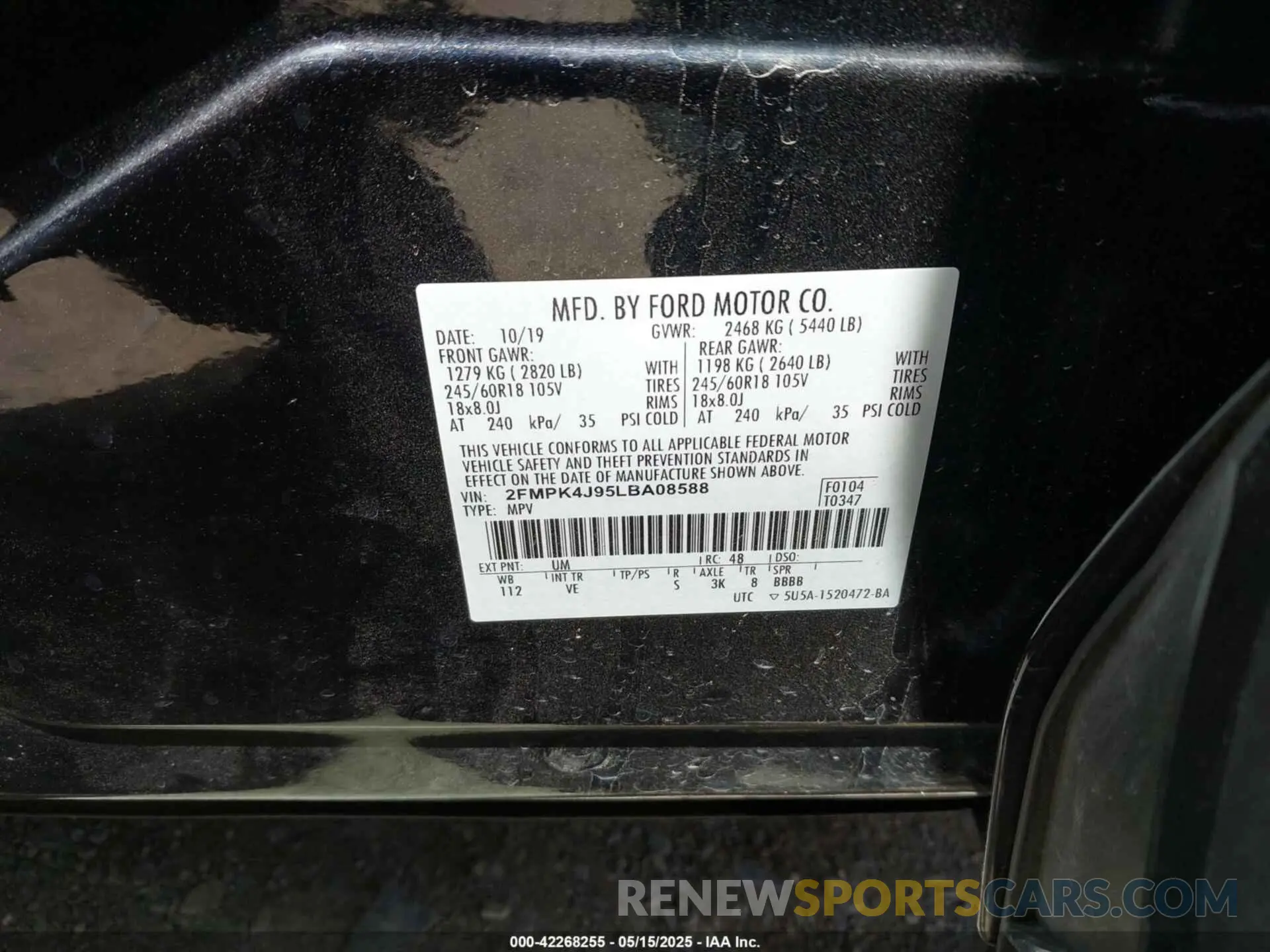 9 fotografías del automóvil dañado 2FMPK4J95LBA08588 FORD EDGE 2020