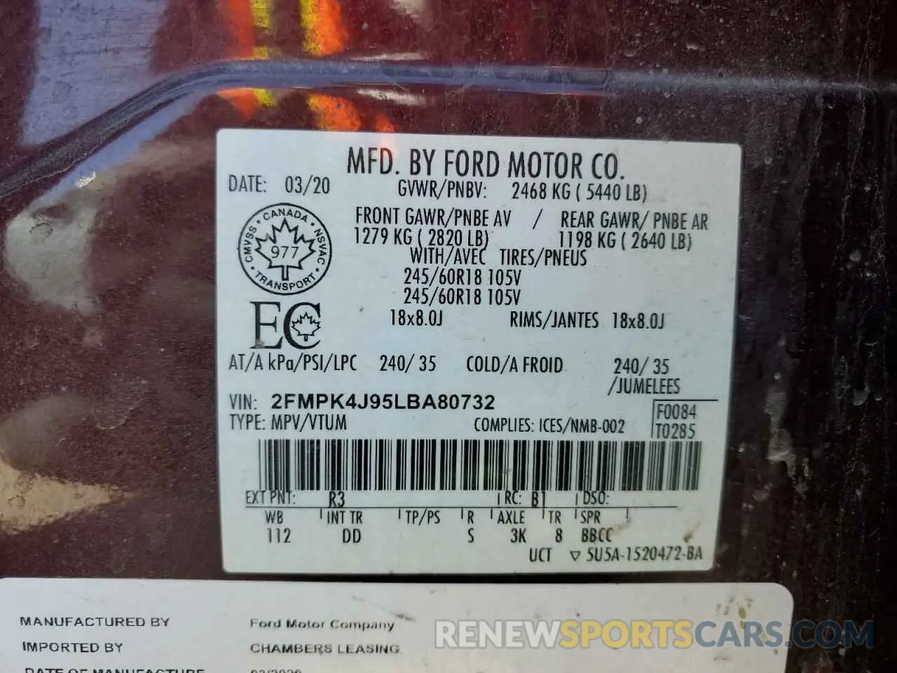13 fotografías del automóvil dañado 2FMPK4J95LBA80732 FORD EDGE 2020