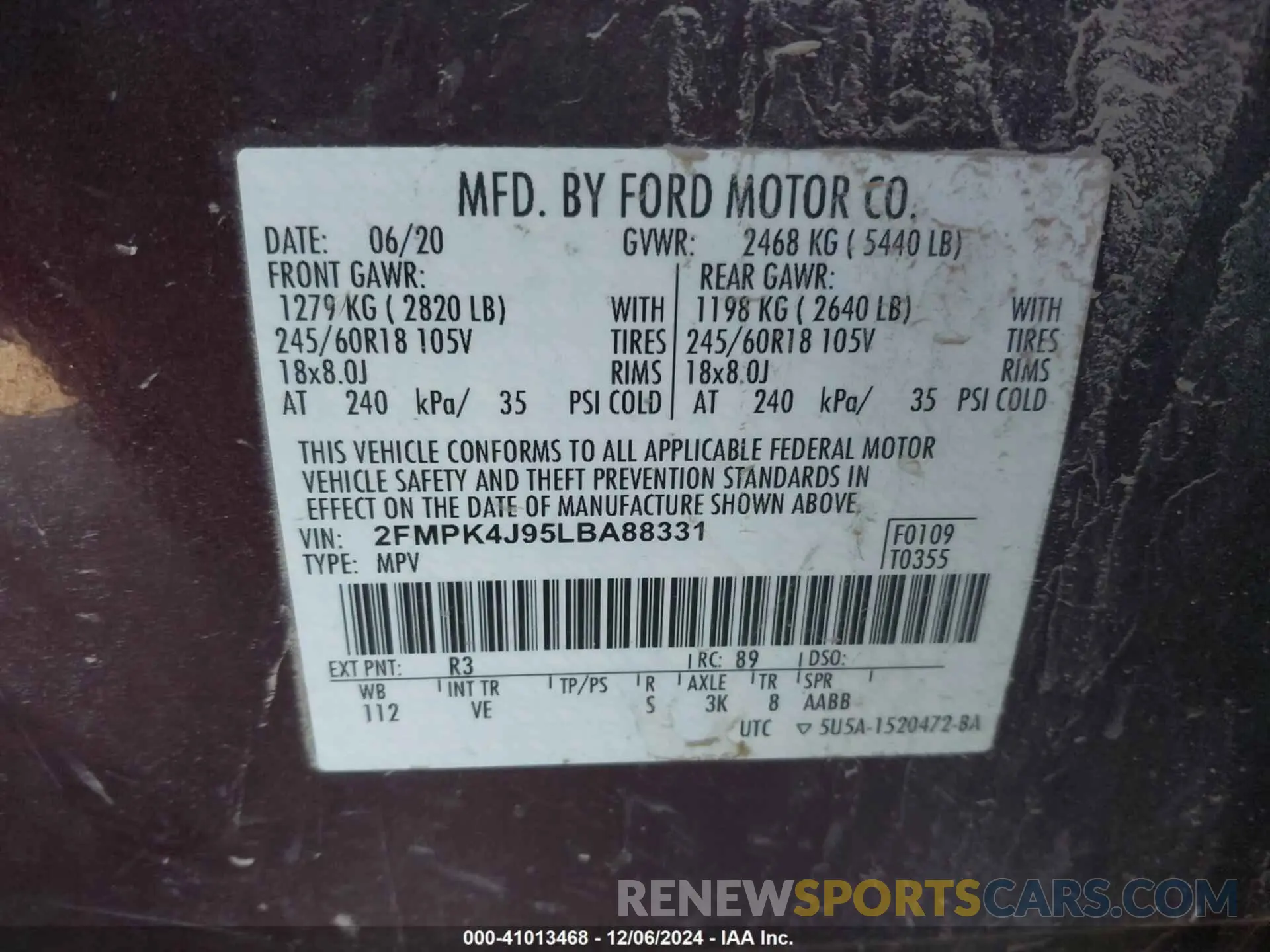 9 fotografías del automóvil dañado 2FMPK4J95LBA88331 FORD EDGE 2020