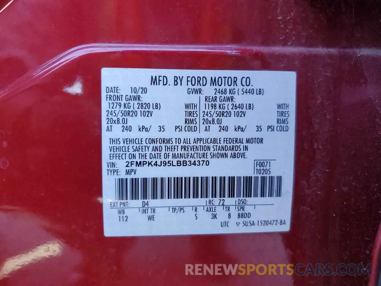 15 fotografías del automóvil dañado 2FMPK4J95LBB34370 FORD EDGE 2020