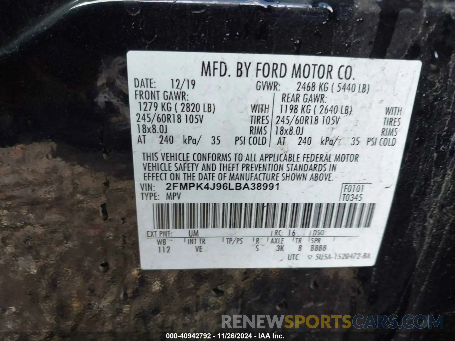 9 fotografías del automóvil dañado 2FMPK4J96LBA38991 FORD EDGE 2020