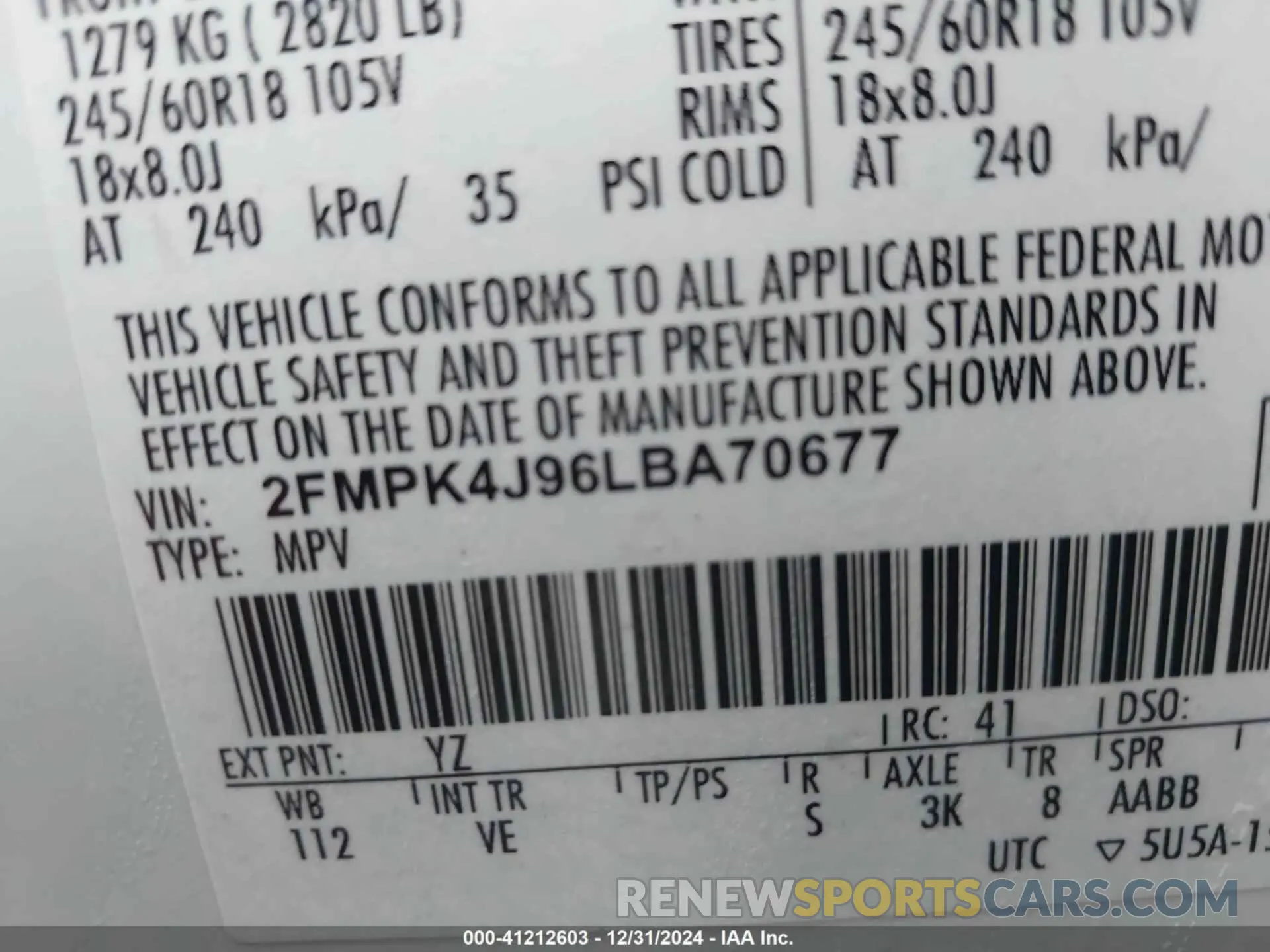 9 fotografías del automóvil dañado 2FMPK4J96LBA70677 FORD EDGE 2020